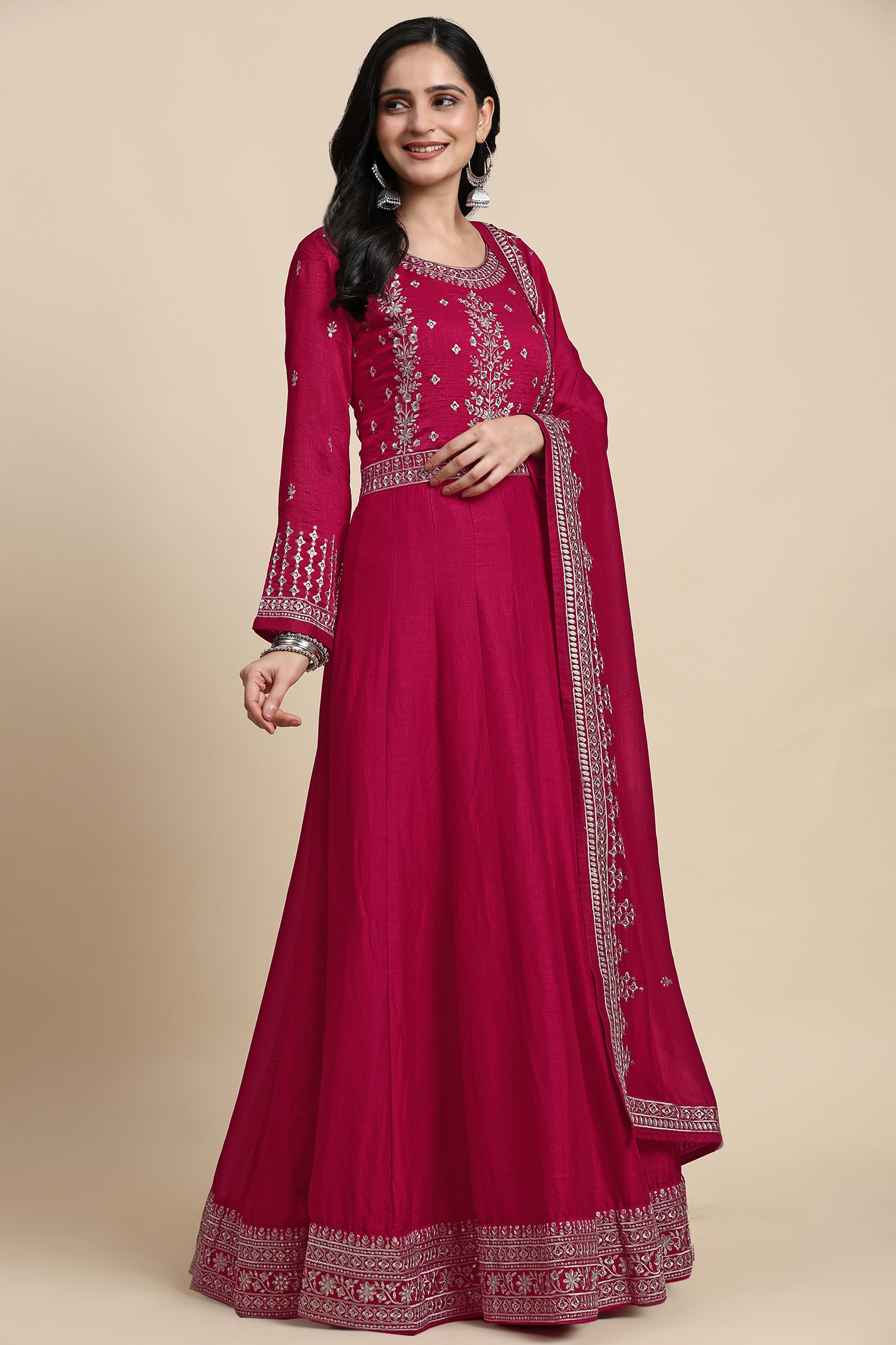 Pink Vichitra Silk Embroidery Anarkali Kurta Pant Salwar Suit Set for Women's Trendmallsin