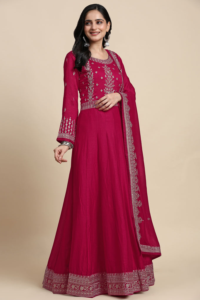 Pink Vichitra Silk Embroidery Anarkali Kurta Pant Salwar Suit Set for Women's Trendmallsin