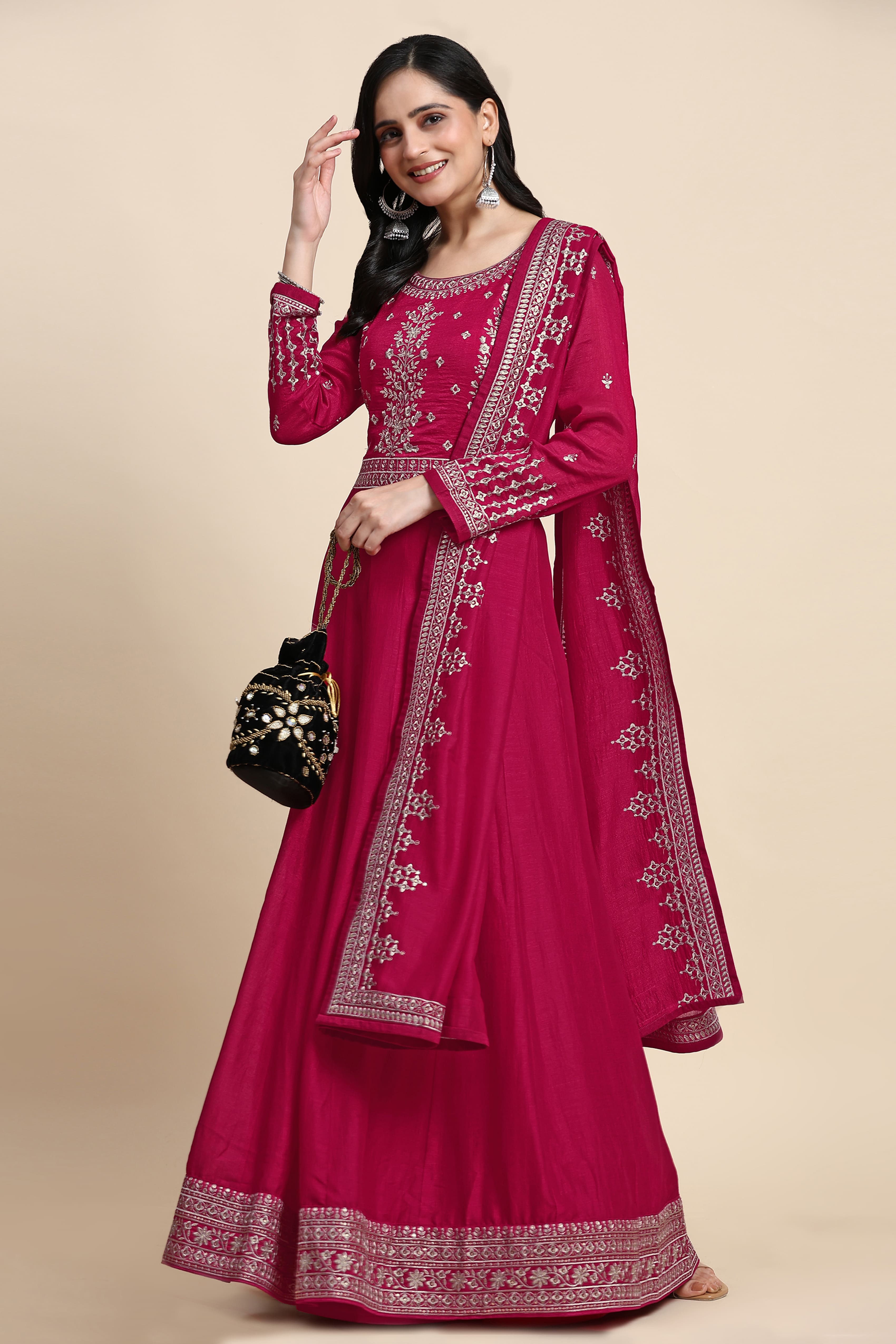 Pink Vichitra Silk Embroidery Anarkali Kurta Pant Salwar Suit Set for Women's Trendmallsin