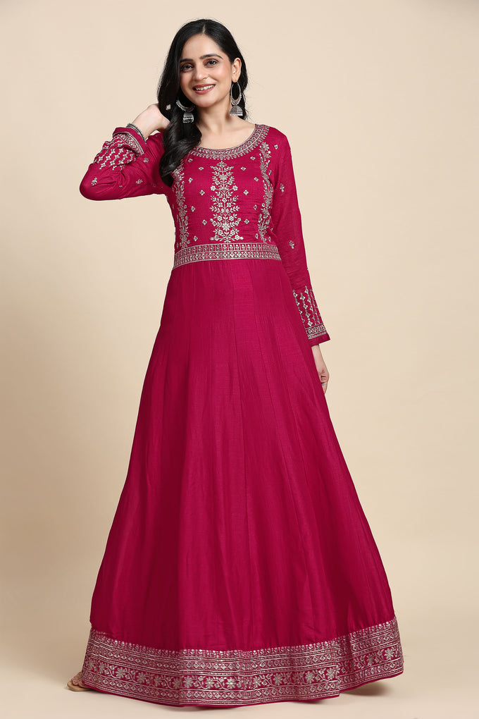 Pink Vichitra Silk Embroidery Anarkali Kurta Pant Salwar Suit Set for Women's Trendmallsin