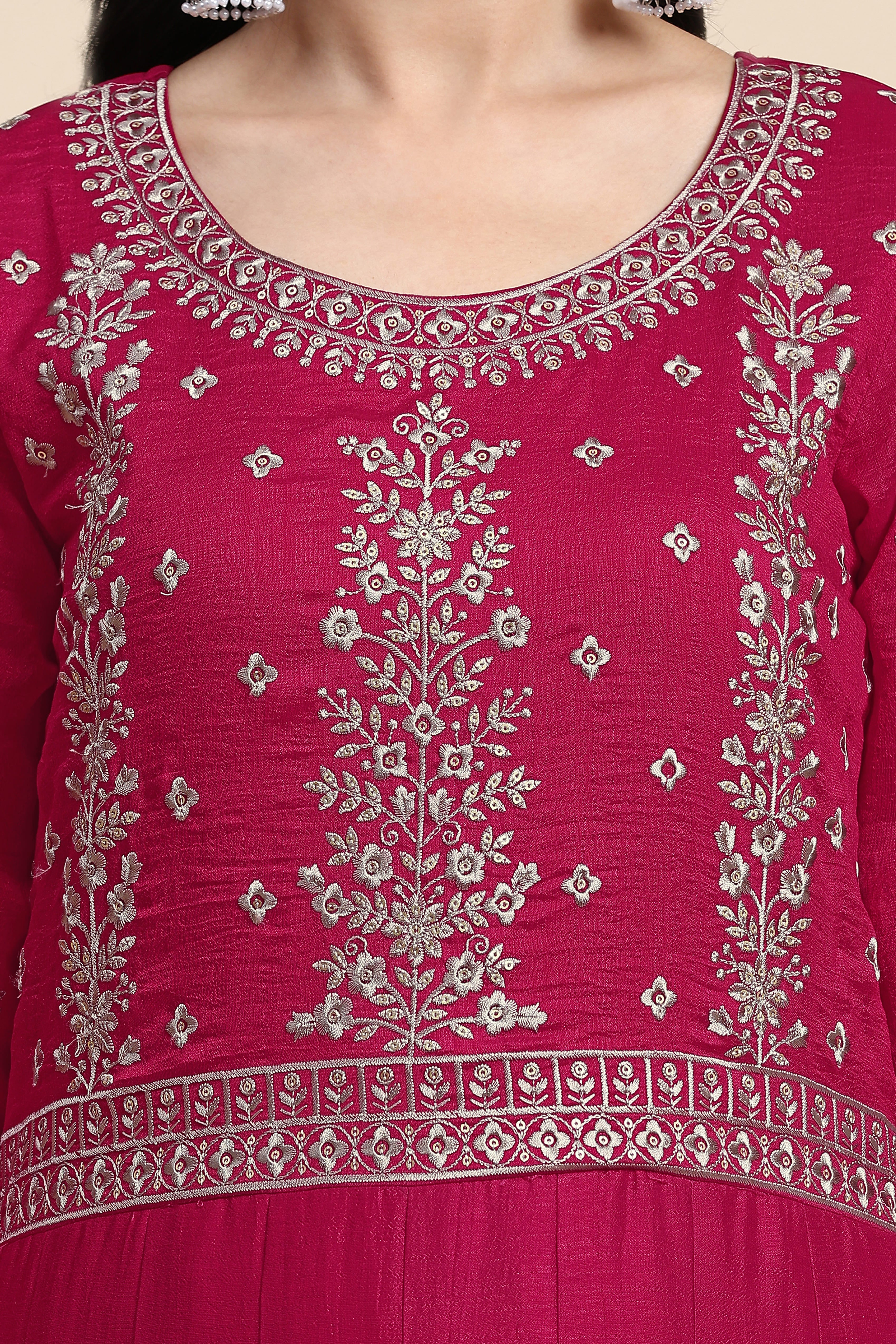 Pink Vichitra Silk Embroidery Anarkali Kurta Pant Salwar Suit Set for Women's Trendmallsin