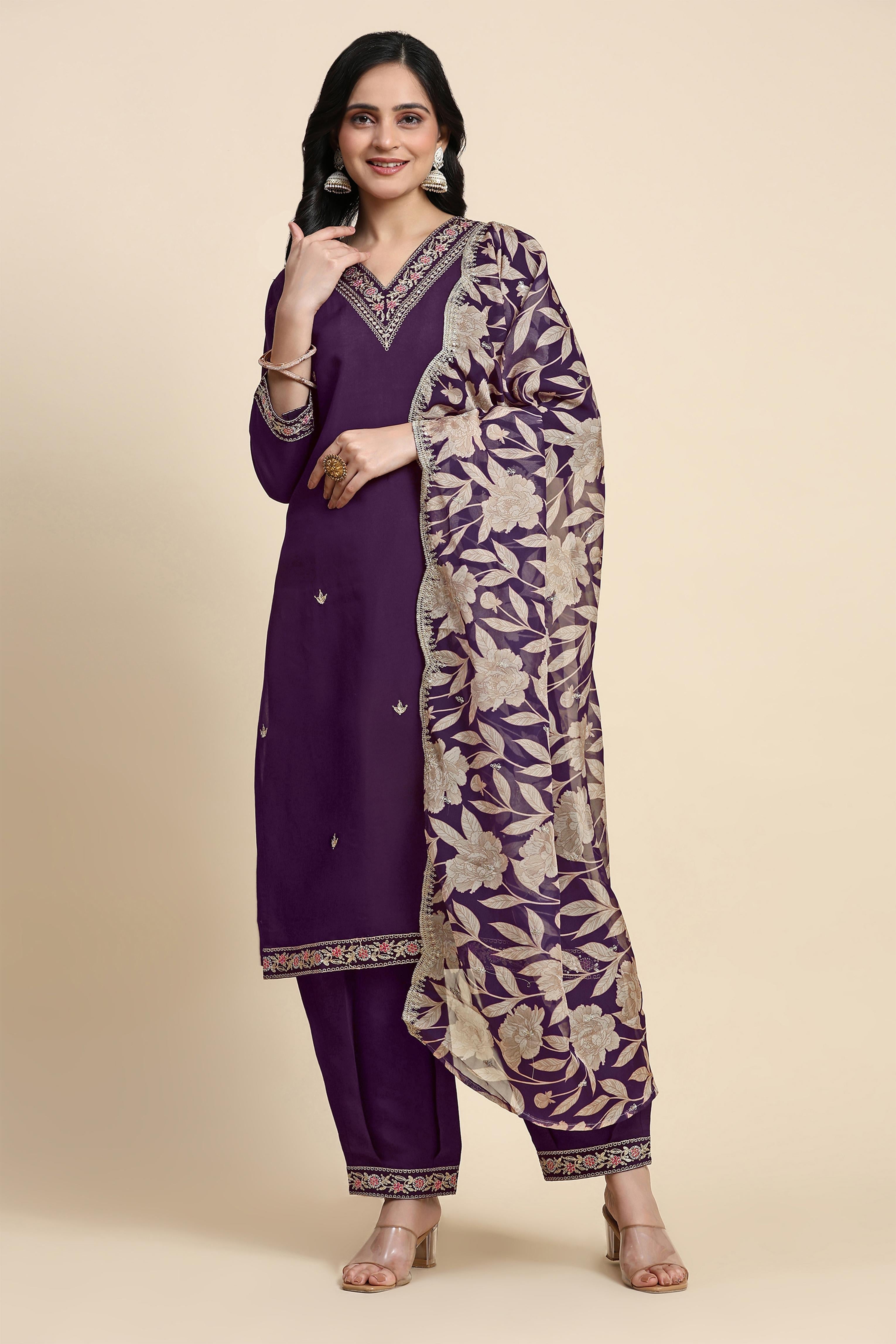 Women's Chanderi Silk Embroidery Salwar Suit Set Purple Kurta with Afghani Pant Floral Dupatta Set Trendmallsin