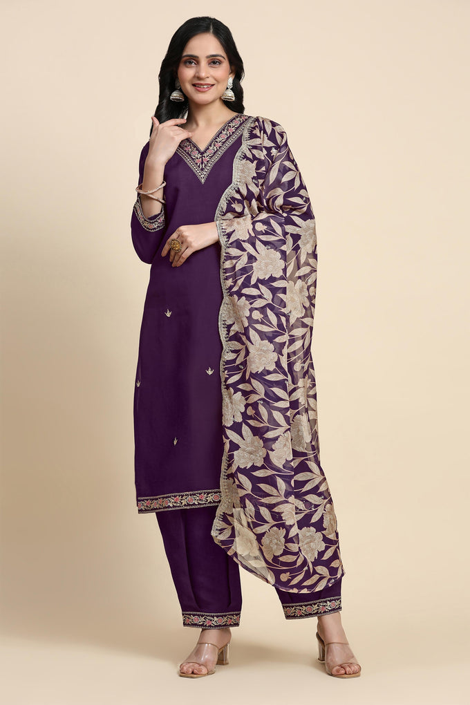 Women's Chanderi Silk Embroidery Salwar Suit Set Purple Kurta with Afghani Pant Floral Dupatta Set Trendmallsin