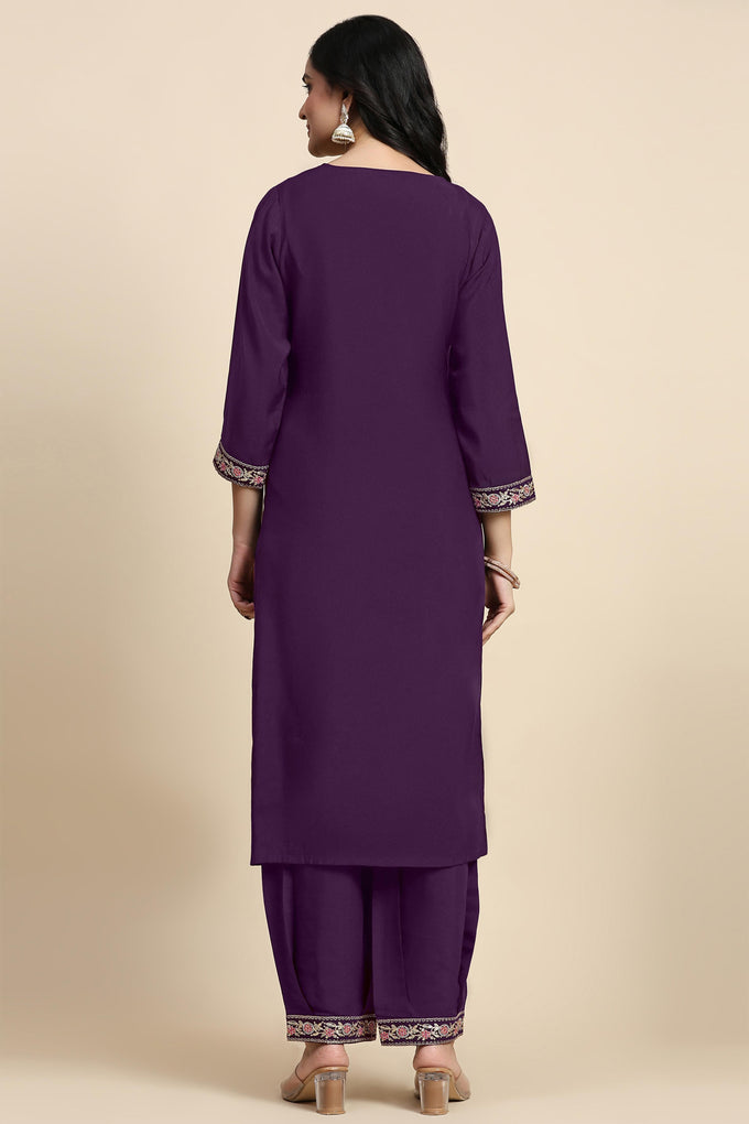 Women's Chanderi Silk Embroidery Salwar Suit Set Purple Kurta with Afghani Pant Floral Dupatta Set Trendmallsin
