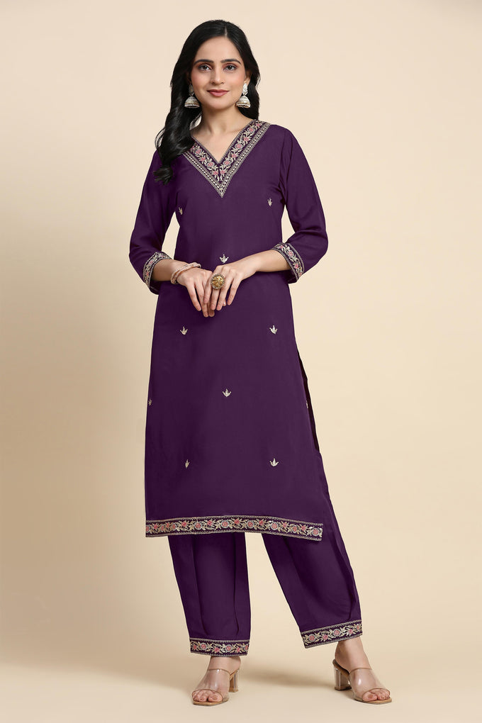 Women's Chanderi Silk Embroidery Salwar Suit Set Purple Kurta with Afghani Pant Floral Dupatta Set Trendmallsin