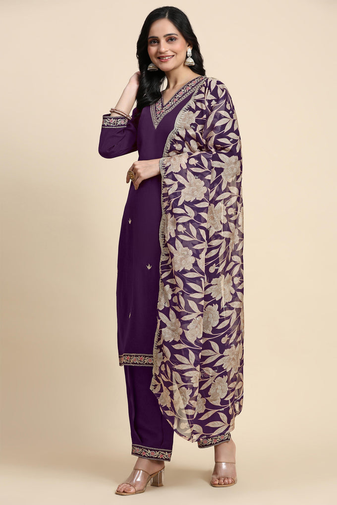 Women's Chanderi Silk Embroidery Salwar Suit Set Purple Kurta with Afghani Pant Floral Dupatta Set Trendmallsin