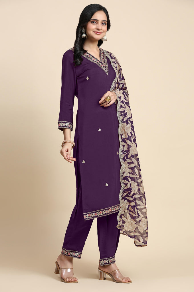 Women's Chanderi Silk Embroidery Salwar Suit Set Purple Kurta with Afghani Pant Floral Dupatta Set Trendmallsin