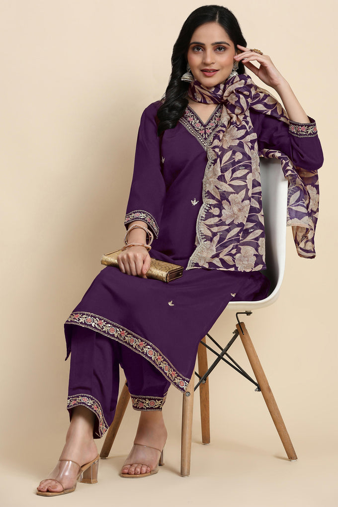 Women's Chanderi Silk Embroidery Salwar Suit Set Purple Kurta with Afghani Pant Floral Dupatta Set Trendmallsin