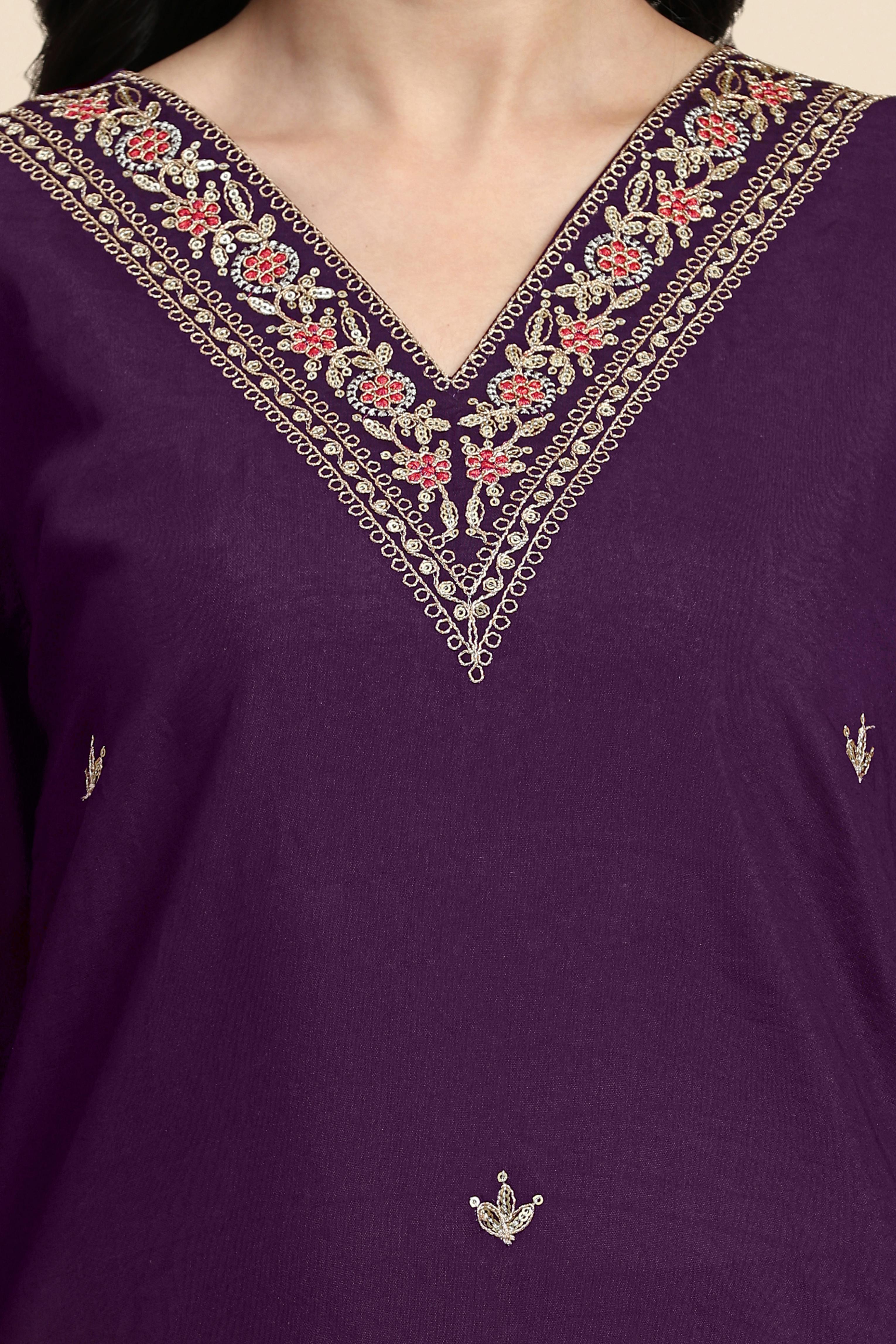 Women's Chanderi Silk Embroidery Salwar Suit Set Purple Kurta with Afghani Pant Floral Dupatta Set Trendmallsin