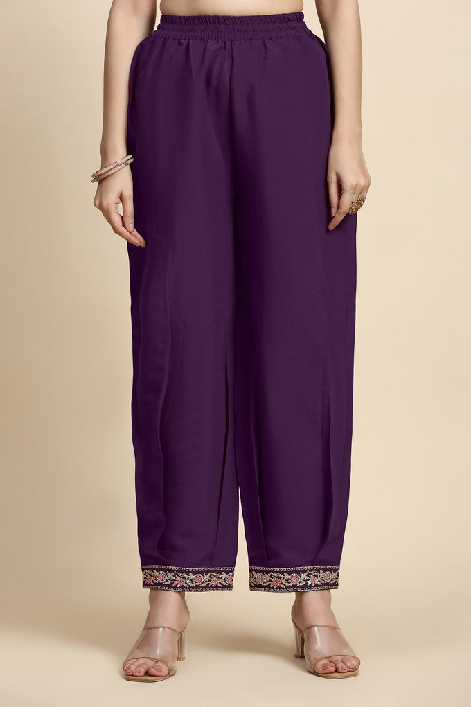 Women's Chanderi Silk Embroidery Salwar Suit Set Purple Kurta with Afghani Pant Floral Dupatta Set Trendmallsin