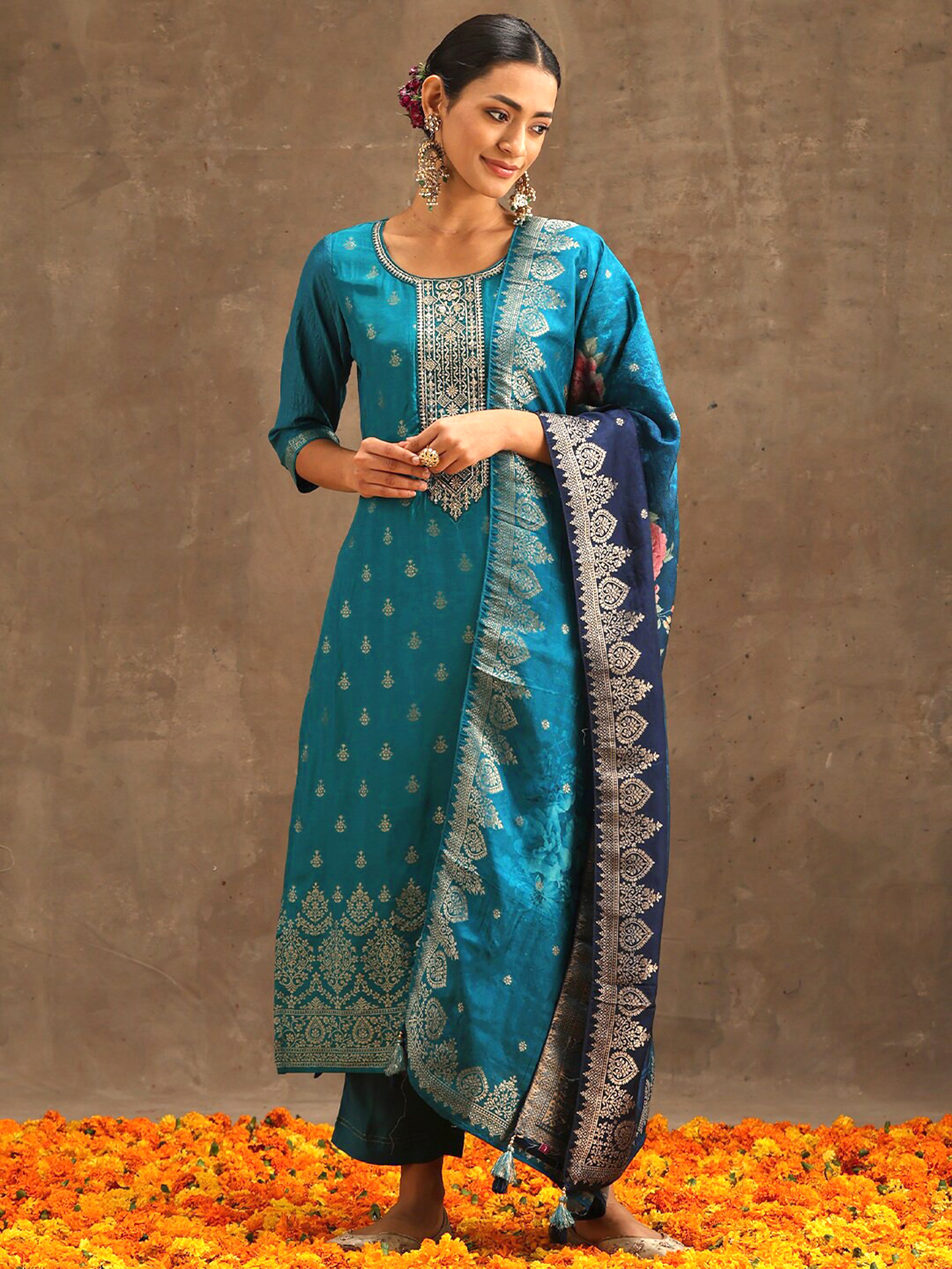 Turquiose Jequard Embroidery Salwar Suit With Dupatta