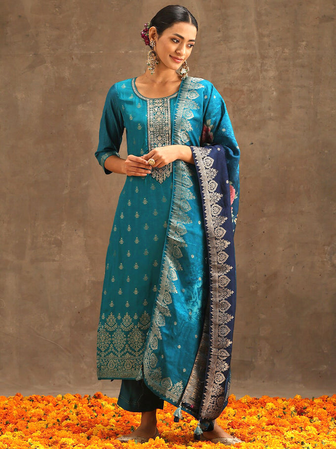 Turquiose Jequard Embroidery Salwar Suit With Dupatta