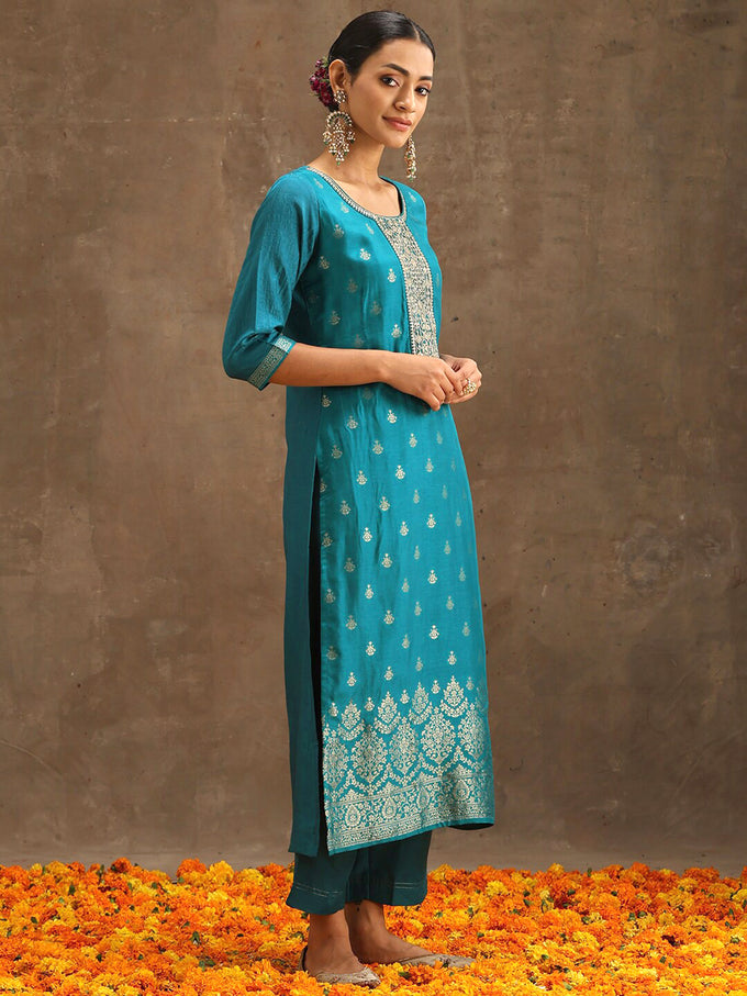 Turquiose Jequard Embroidery Salwar Suit With Dupatta