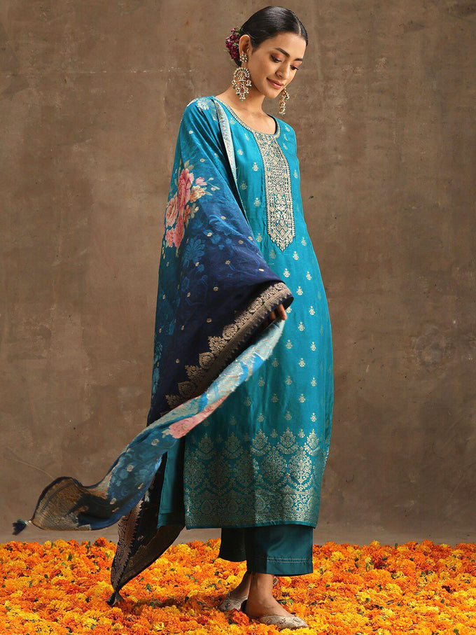 Turquiose Jequard Embroidery Salwar Suit With Dupatta