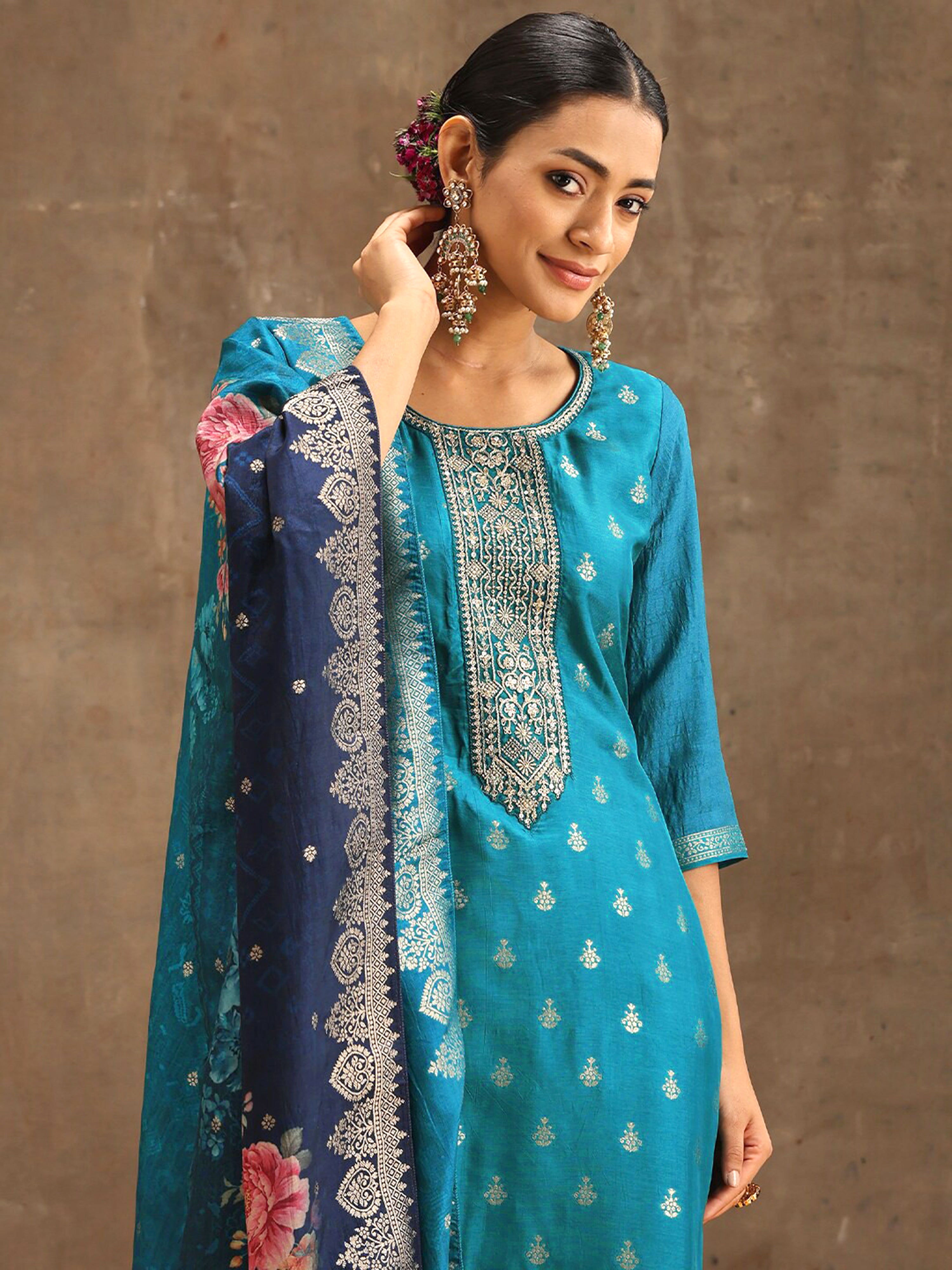 Turquiose Jequard Embroidery Salwar Suit With Dupatta