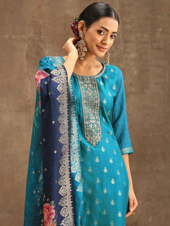 Turquiose Jequard Embroidery Salwar Suit With Dupatta