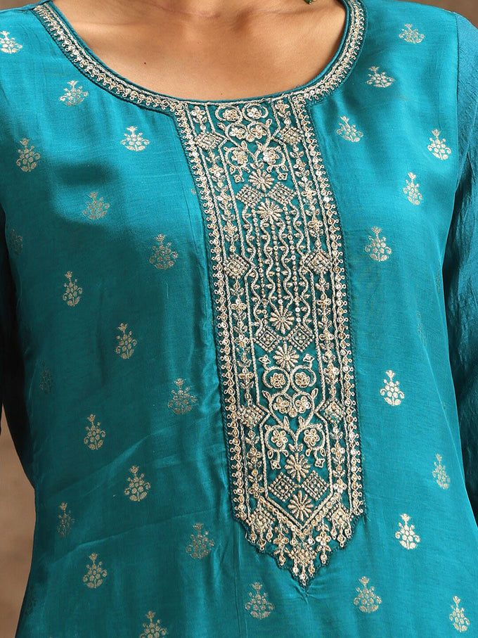 Turquiose Jequard Embroidery Salwar Suit With Dupatta
