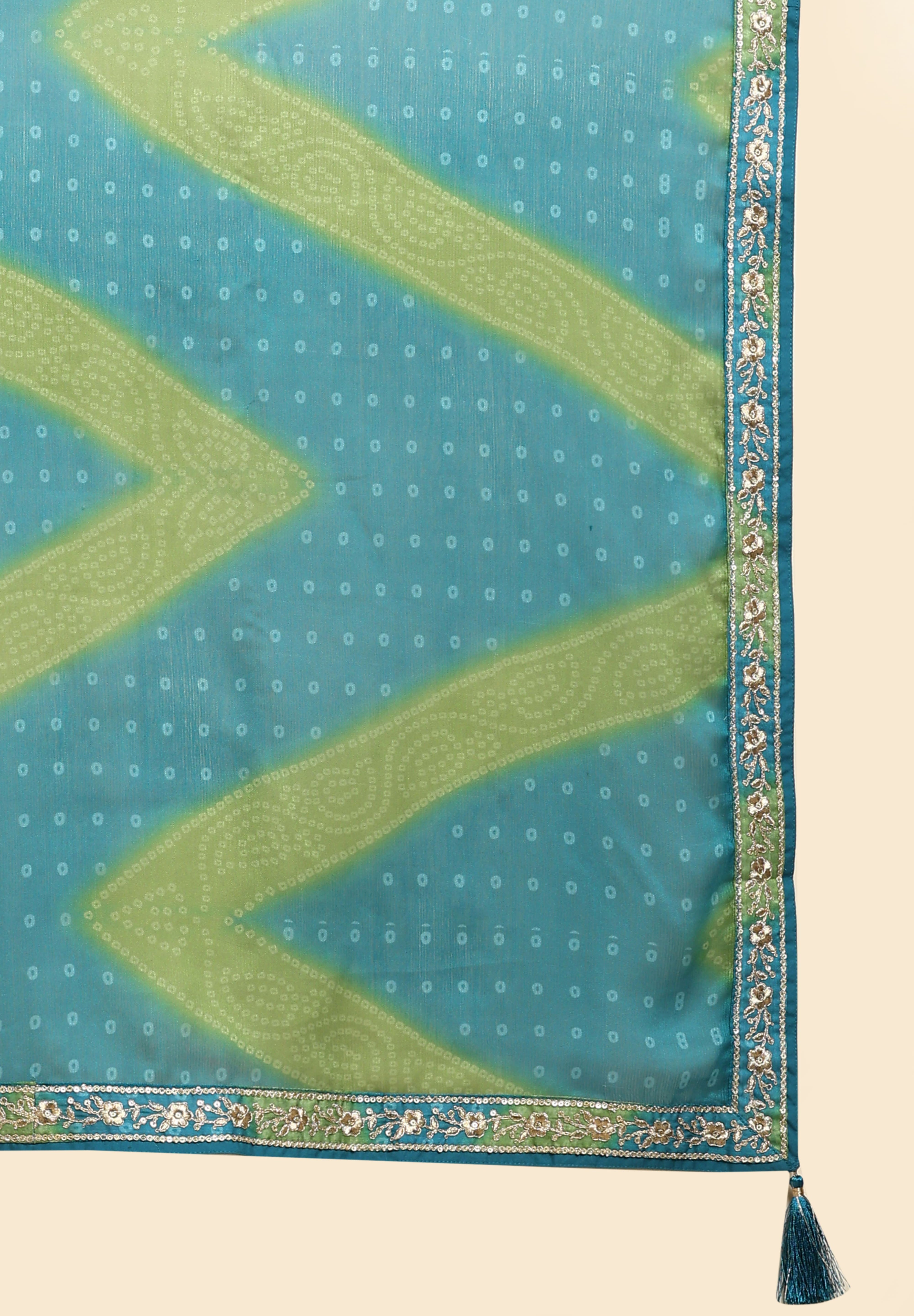 Turquoise Chiffon Embroidery Bandhani Print Salwar Suit Set with Dupatta For Women's Trendmallsin