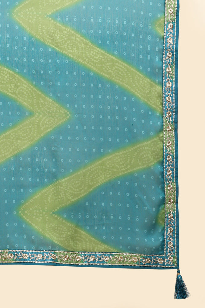 Turquoise Chiffon Embroidery Bandhani Print Salwar Suit Set with Dupatta For Women's Trendmallsin