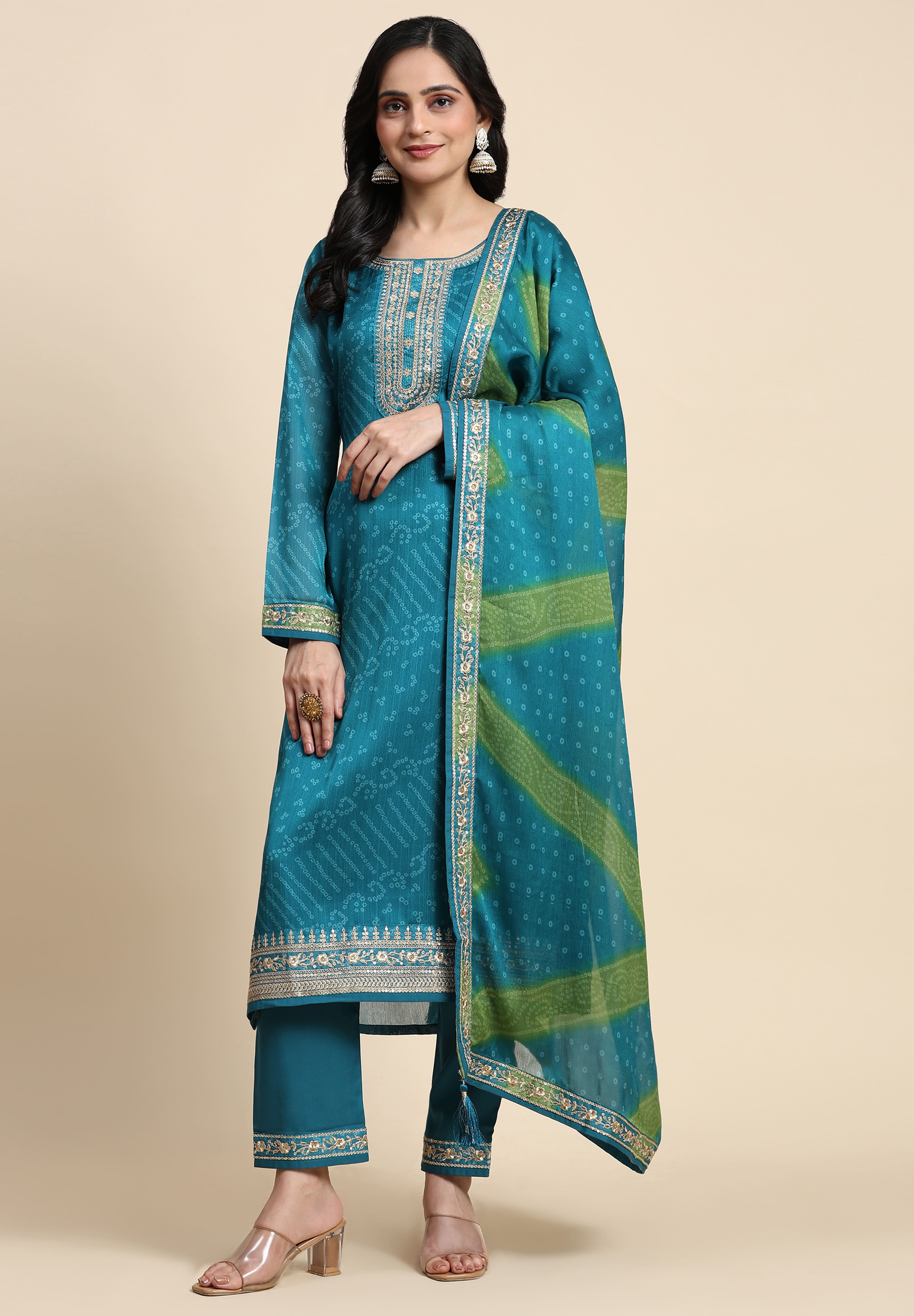 Turquoise Chiffon Embroidery Bandhani Print Salwar Suit Set with Dupatta For Women's Trendmallsin