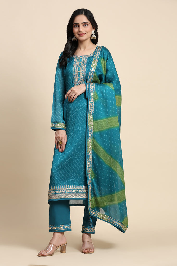 Turquoise Chiffon Embroidery Bandhani Print Salwar Suit Set with Dupatta For Women's Trendmallsin