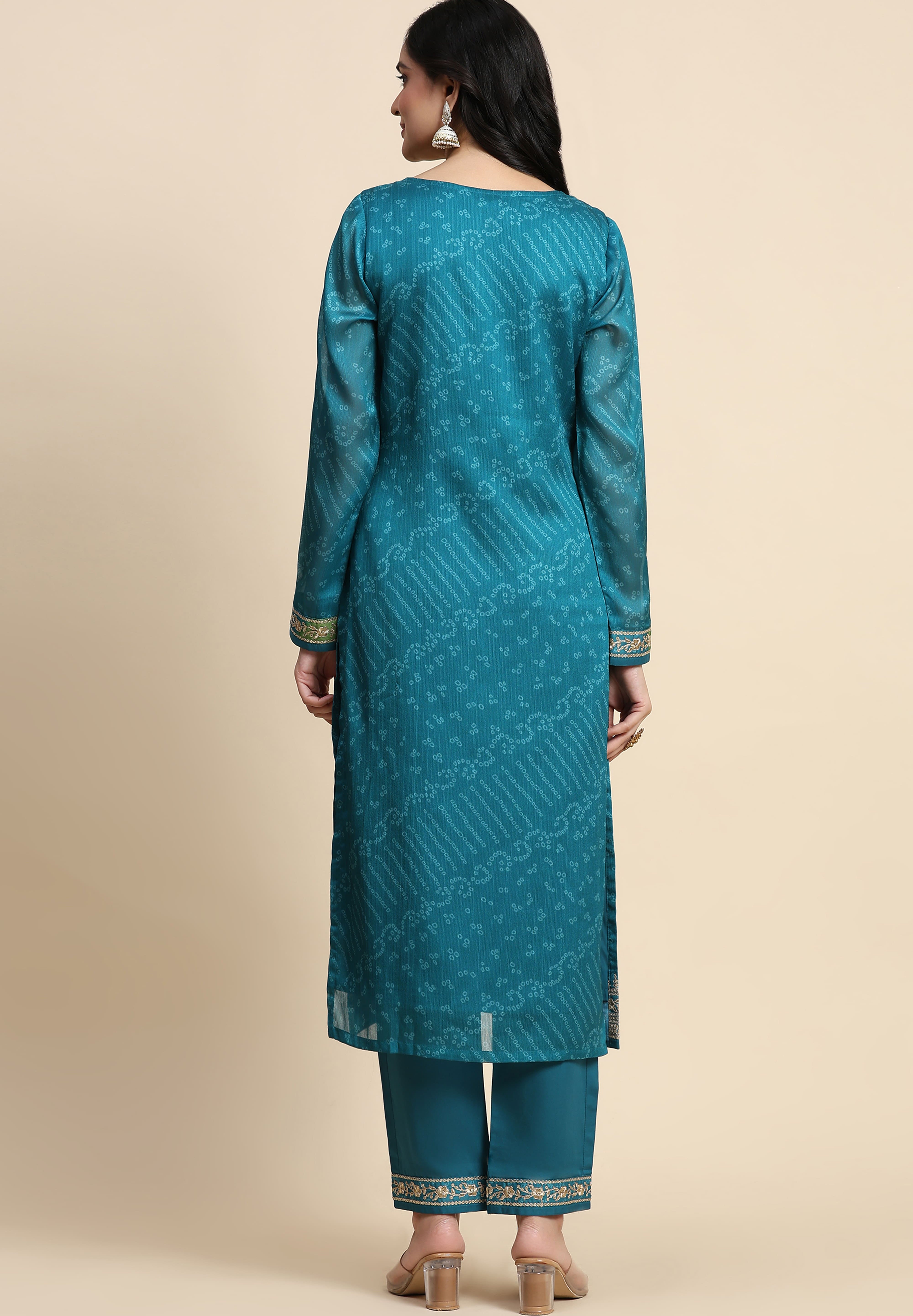 Turquoise Chiffon Embroidery Bandhani Print Salwar Suit Set with Dupatta For Women's Trendmallsin