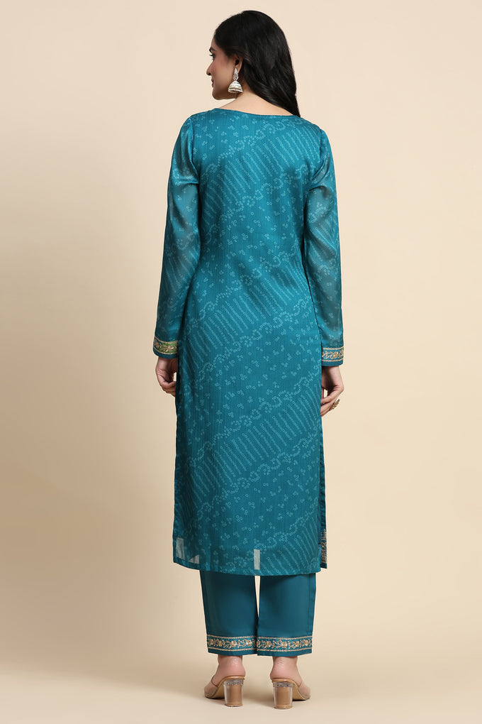 Turquoise Chiffon Embroidery Bandhani Print Salwar Suit Set with Dupatta For Women's Trendmallsin