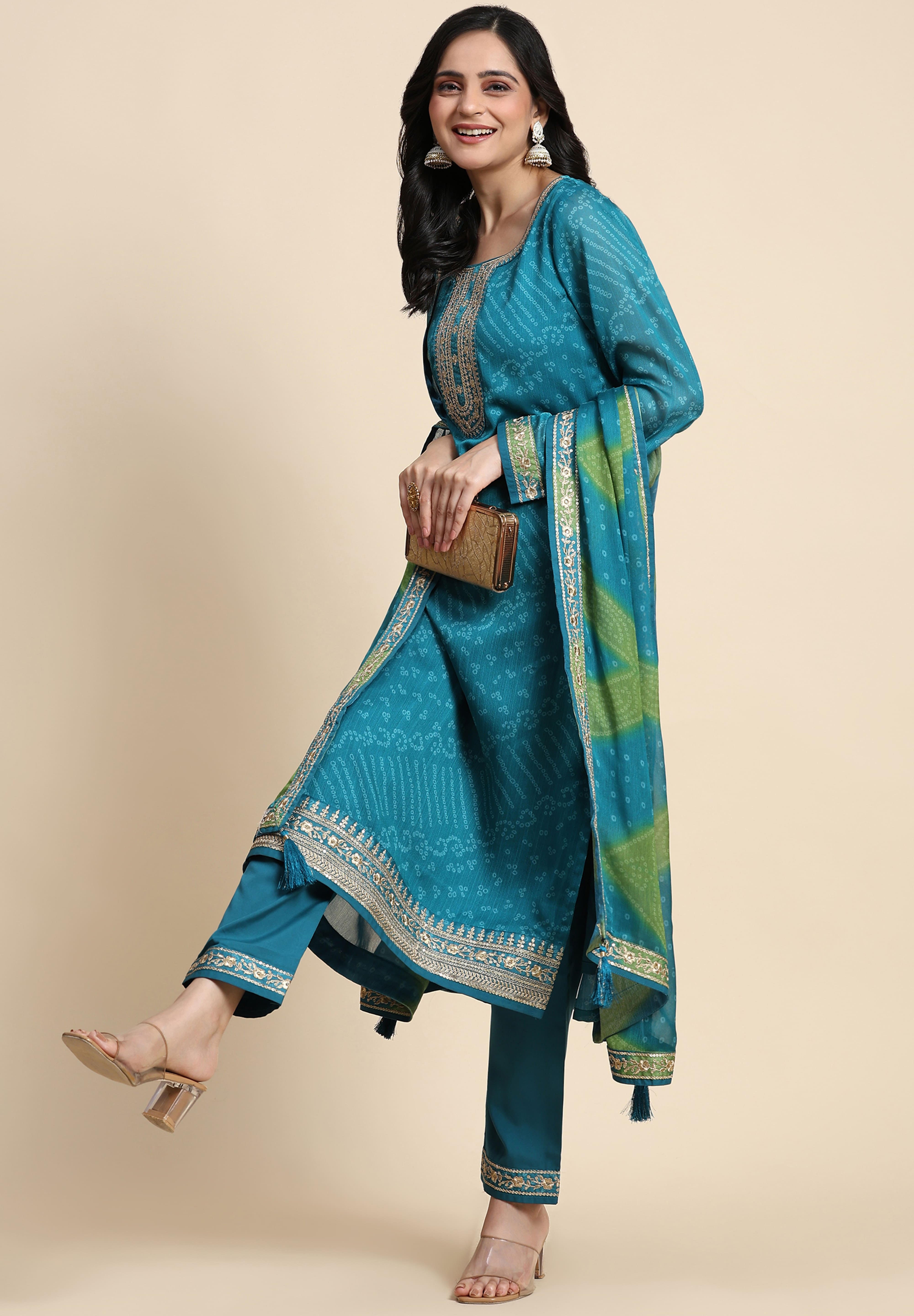 Turquoise Chiffon Embroidery Bandhani Print Salwar Suit Set with Dupatta For Women's Trendmallsin