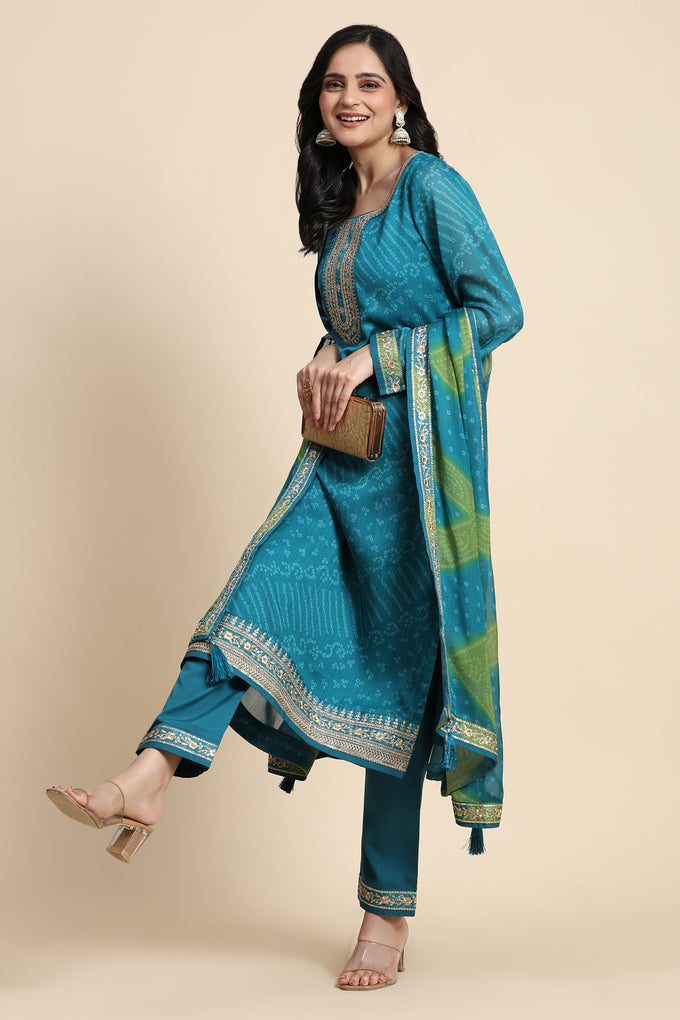Turquoise Chiffon Embroidery Bandhani Print Salwar Suit Set with Dupatta For Women's Trendmallsin