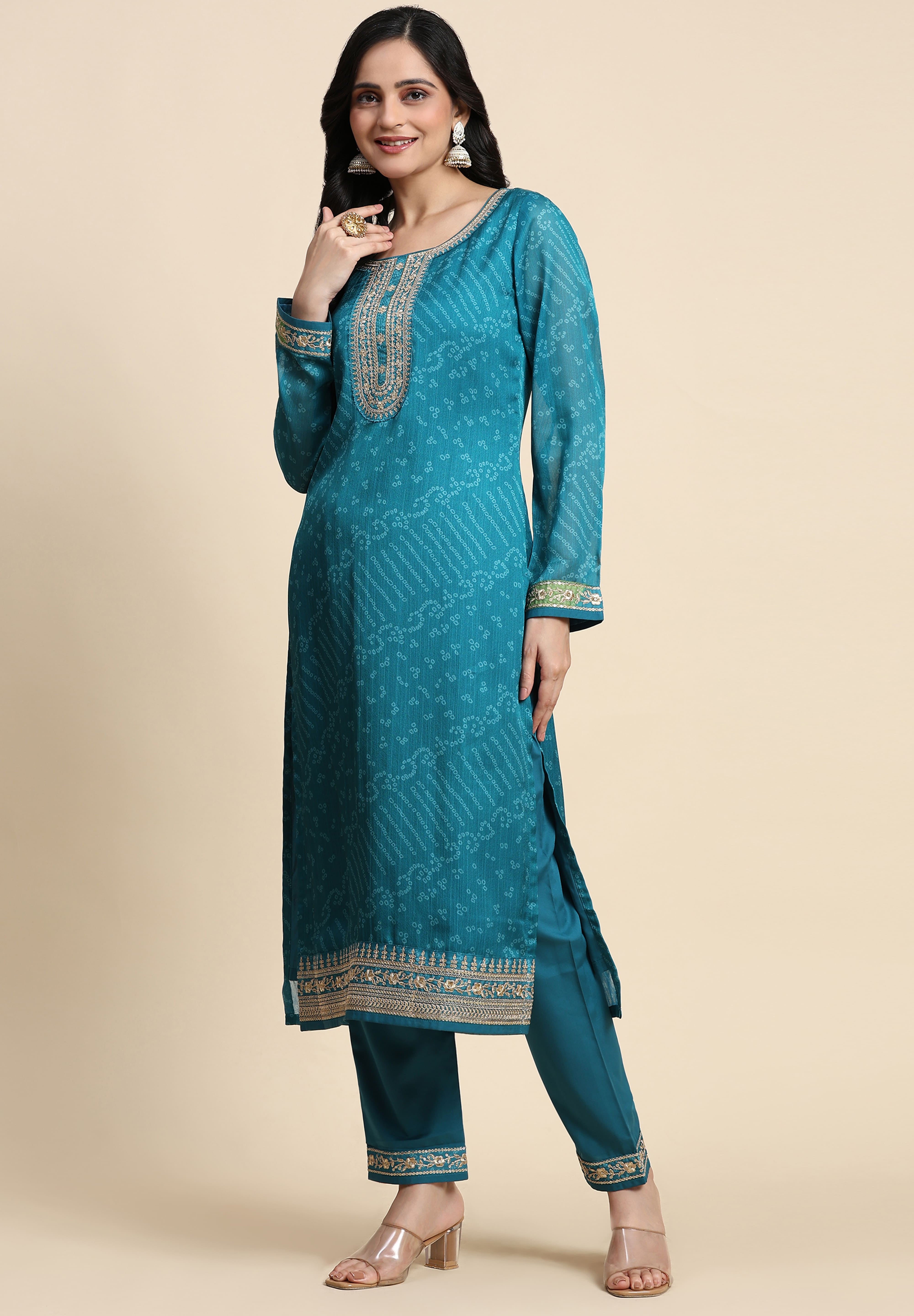 Turquoise Chiffon Embroidery Bandhani Print Salwar Suit Set with Dupatta For Women's Trendmallsin