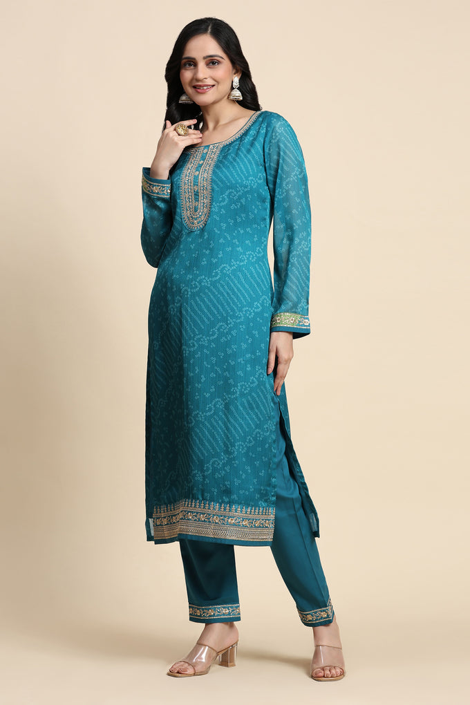 Turquoise Chiffon Embroidery Bandhani Print Salwar Suit Set with Dupatta For Women's Trendmallsin