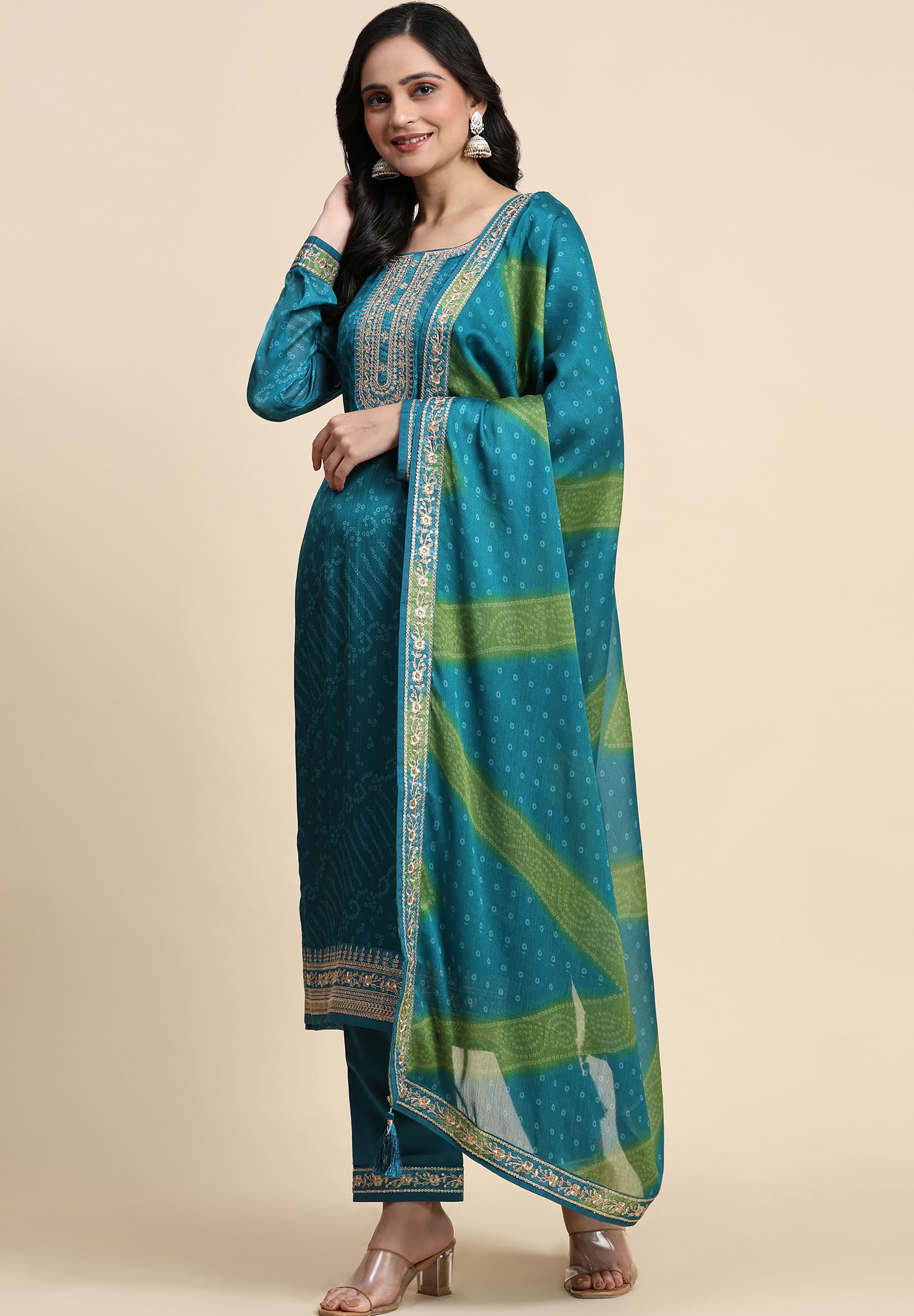 Turquoise Chiffon Embroidery Bandhani Print Salwar Suit Set with Dupatta For Women's Trendmallsin