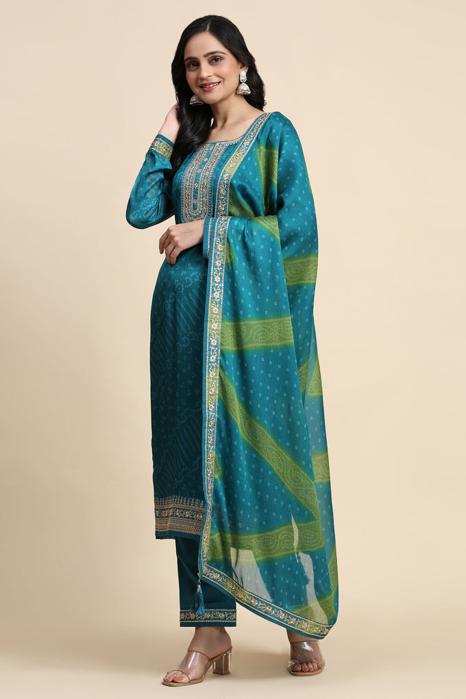 Turquoise Chiffon Embroidery Bandhani Print Salwar Suit Set with Dupatta For Women's Trendmallsin