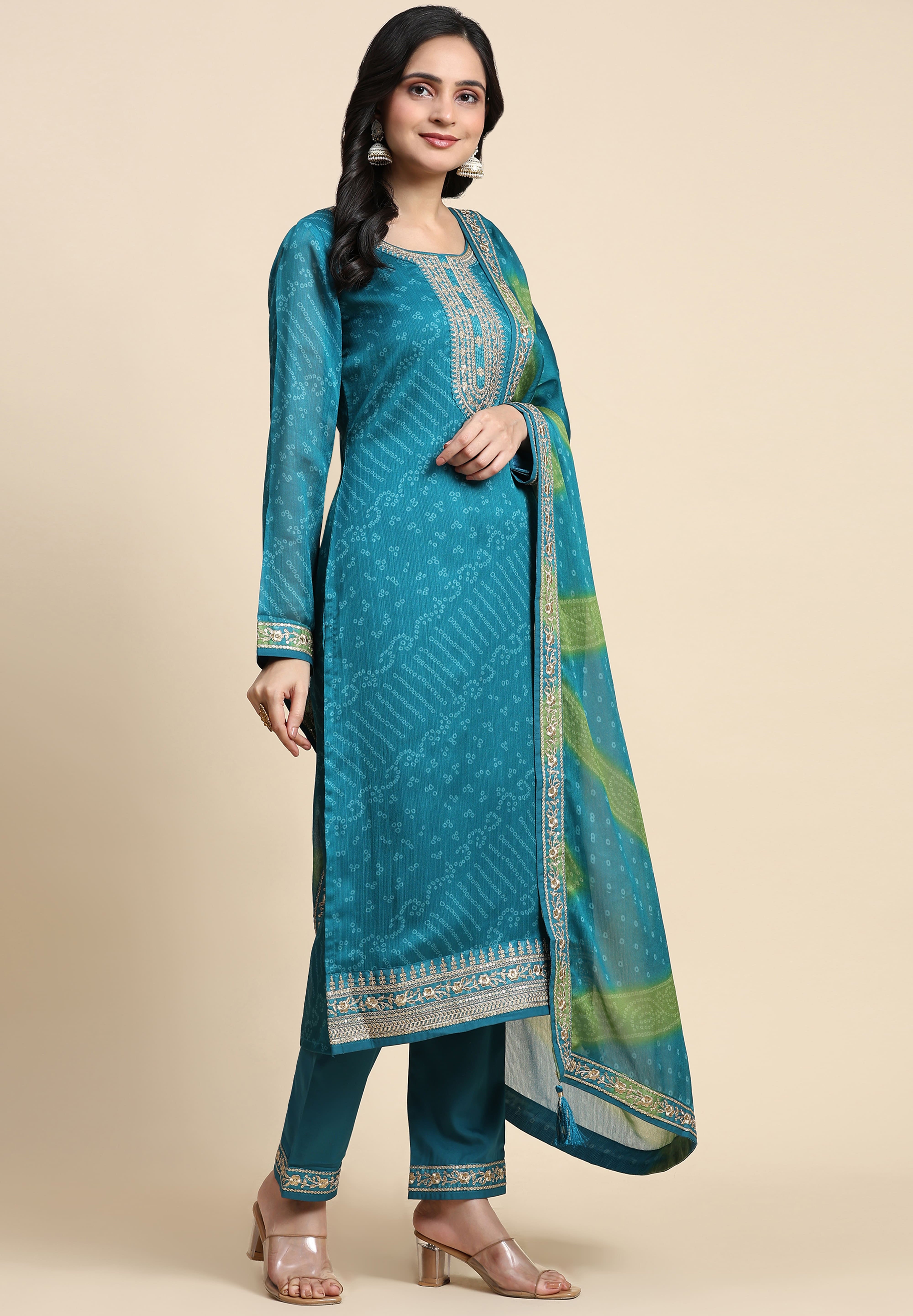 Turquoise Chiffon Embroidery Bandhani Print Salwar Suit Set with Dupatta For Women's Trendmallsin