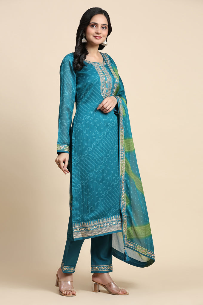 Turquoise Chiffon Embroidery Bandhani Print Salwar Suit Set with Dupatta For Women's Trendmallsin