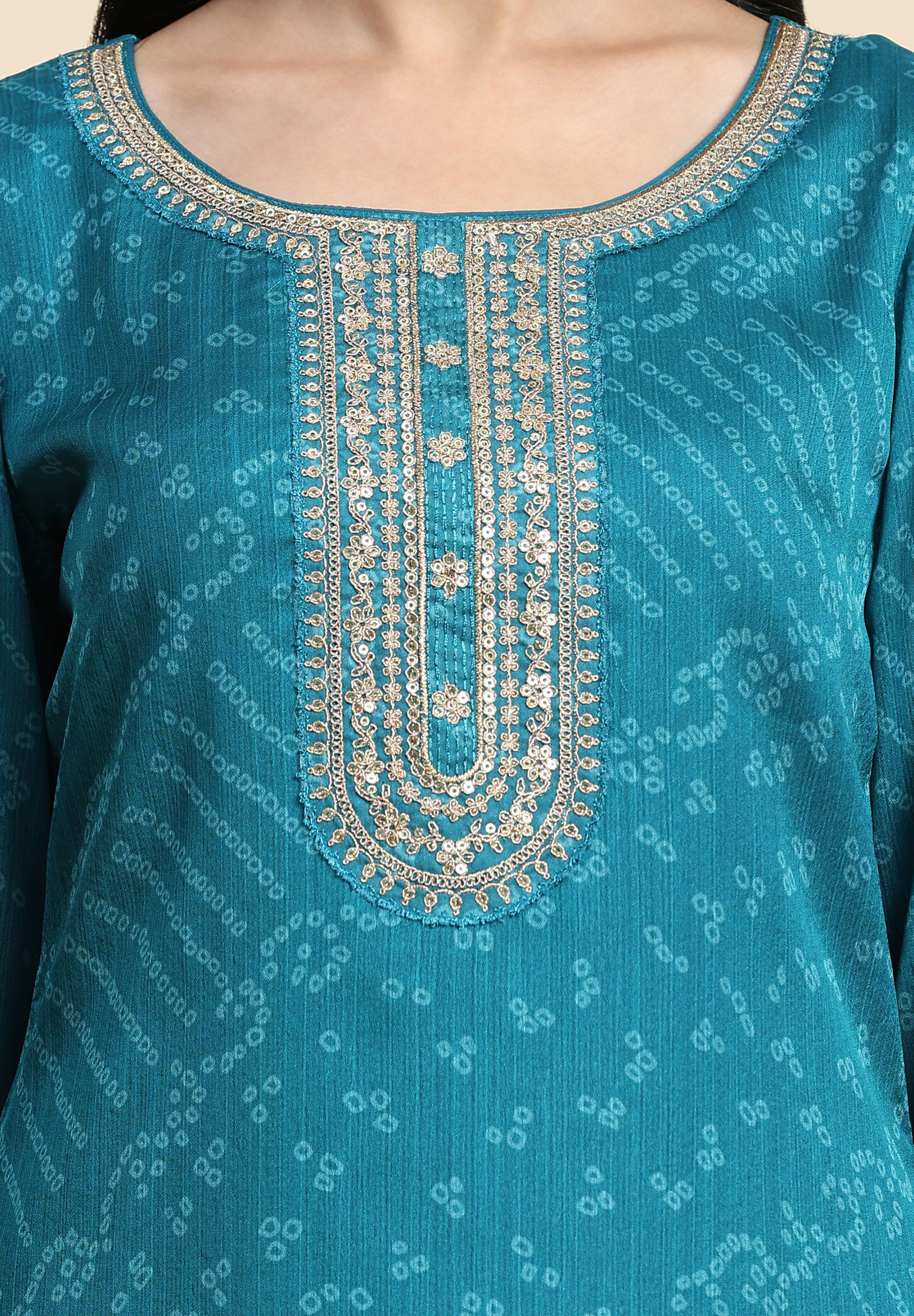 Turquoise Chiffon Embroidery Bandhani Print Salwar Suit Set with Dupatta For Women's Trendmallsin