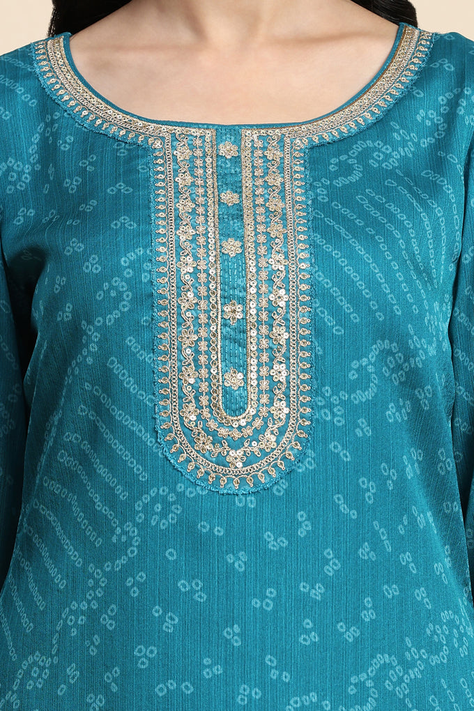 Turquoise Chiffon Embroidery Bandhani Print Salwar Suit Set with Dupatta For Women's Trendmallsin