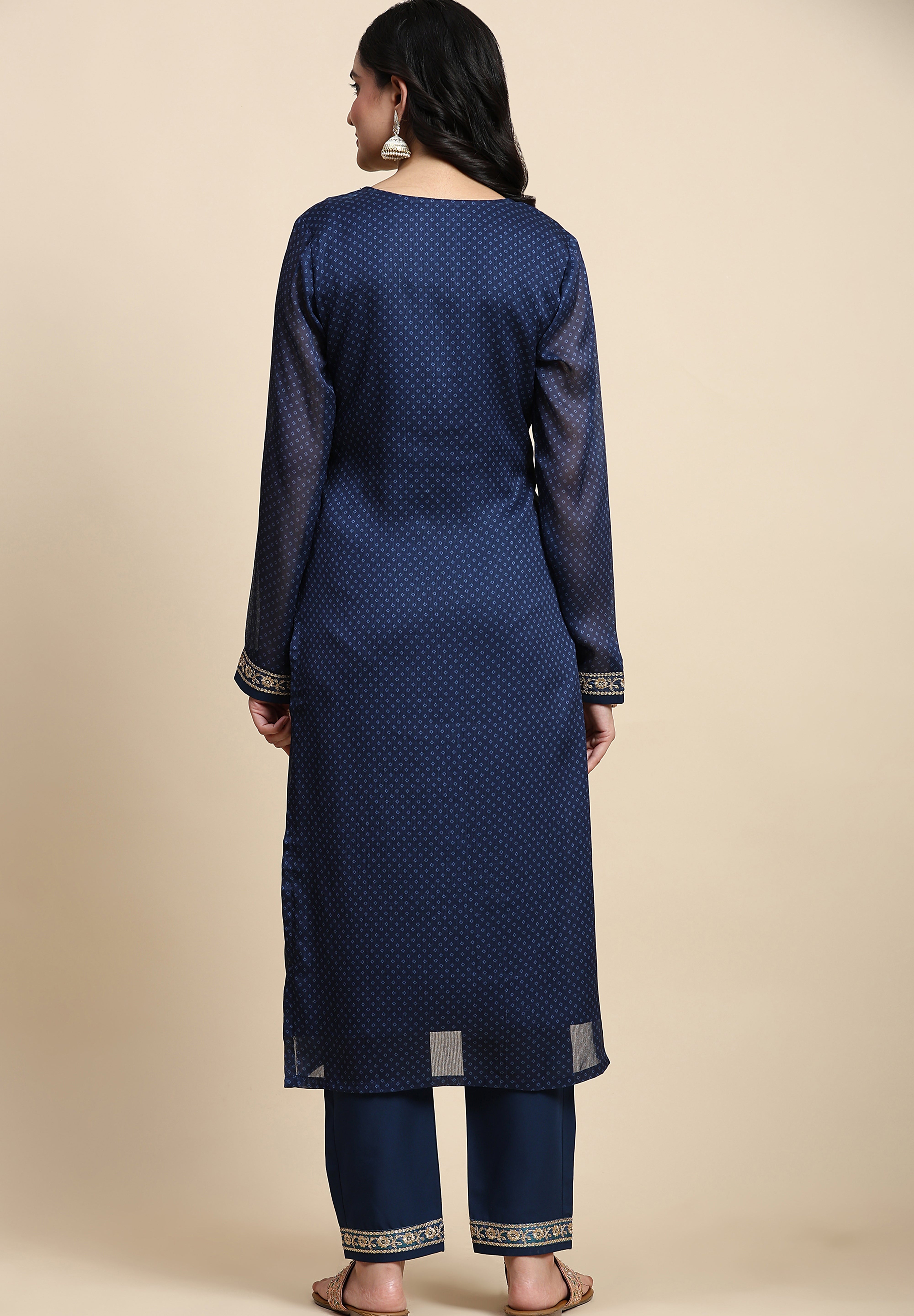 Blue Chiffon Embroidery Bandhani Print Salwar Suit Set with Dupatta For Women's Trendmallsin