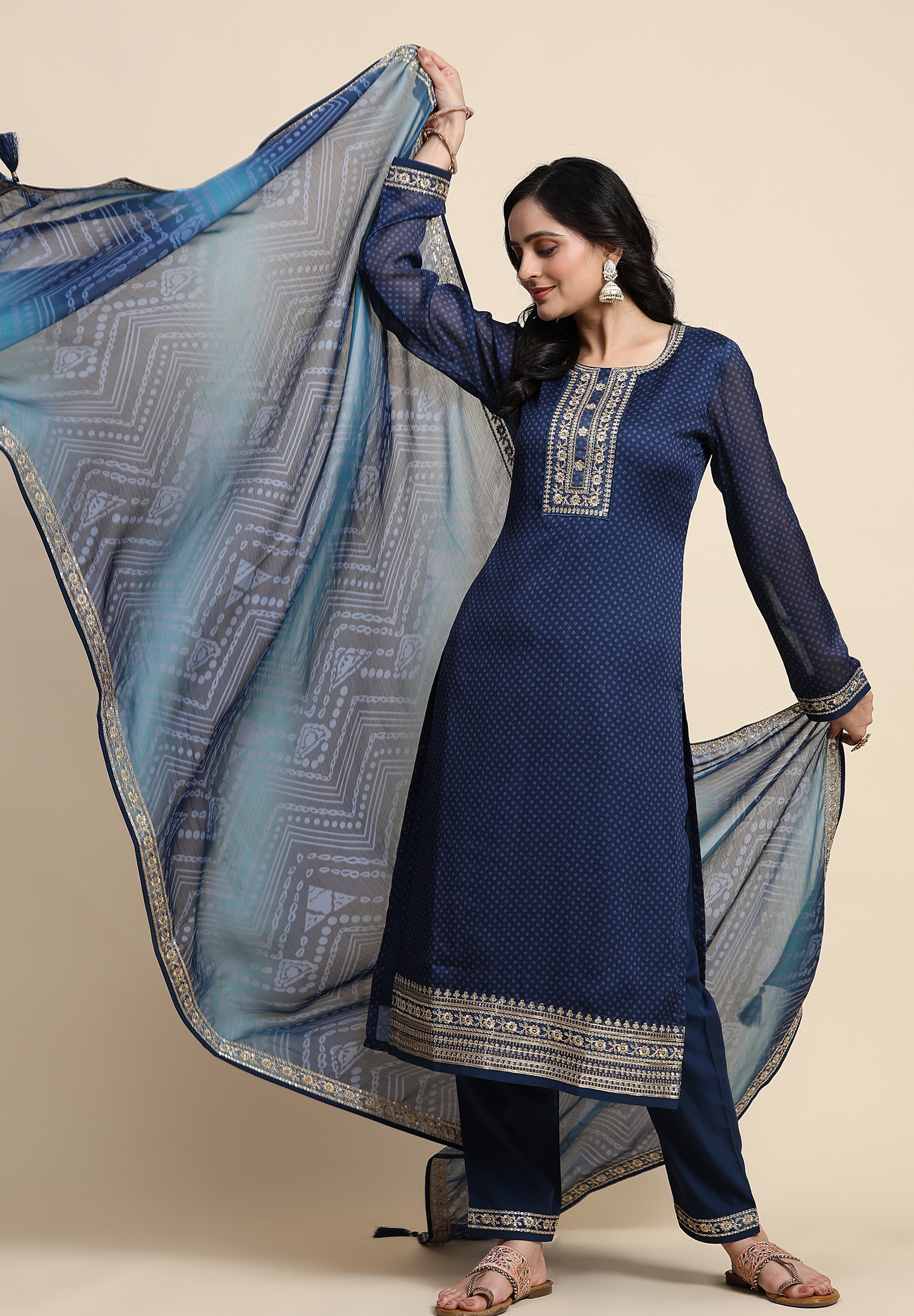 Blue Chiffon Embroidery Bandhani Print Salwar Suit Set with Dupatta For Women's Trendmallsin