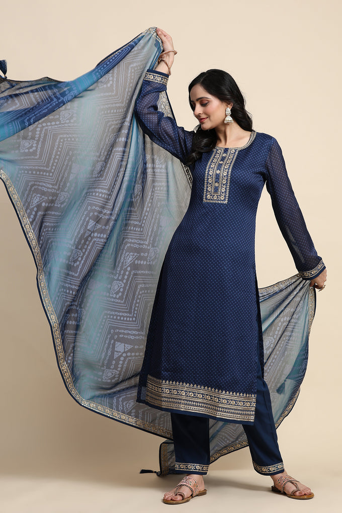 Blue Chiffon Embroidery Bandhani Print Salwar Suit Set with Dupatta For Women's Trendmallsin