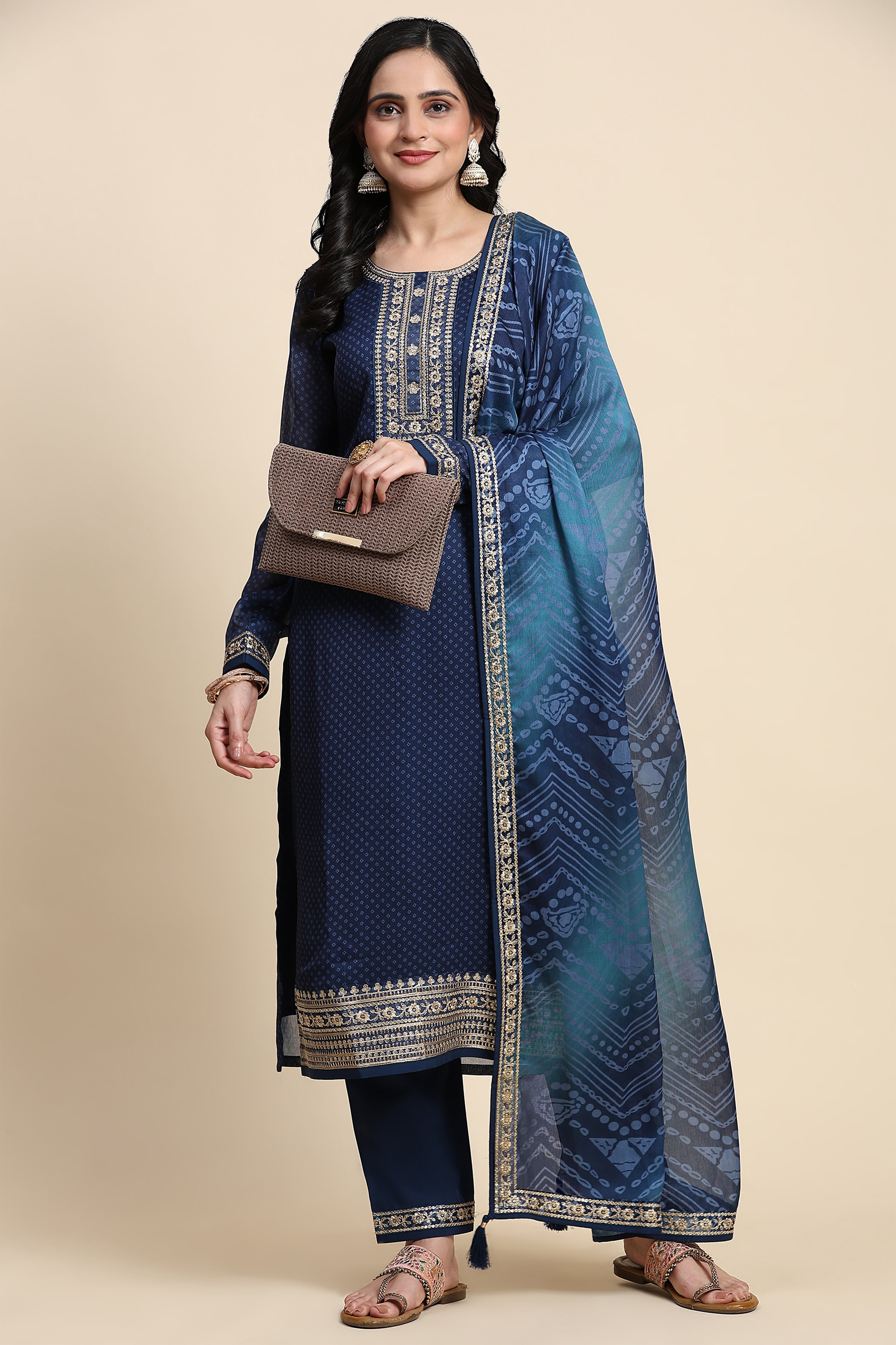 Blue Chiffon Embroidery Bandhani Print Salwar Suit Set with Dupatta For Women's Trendmallsin