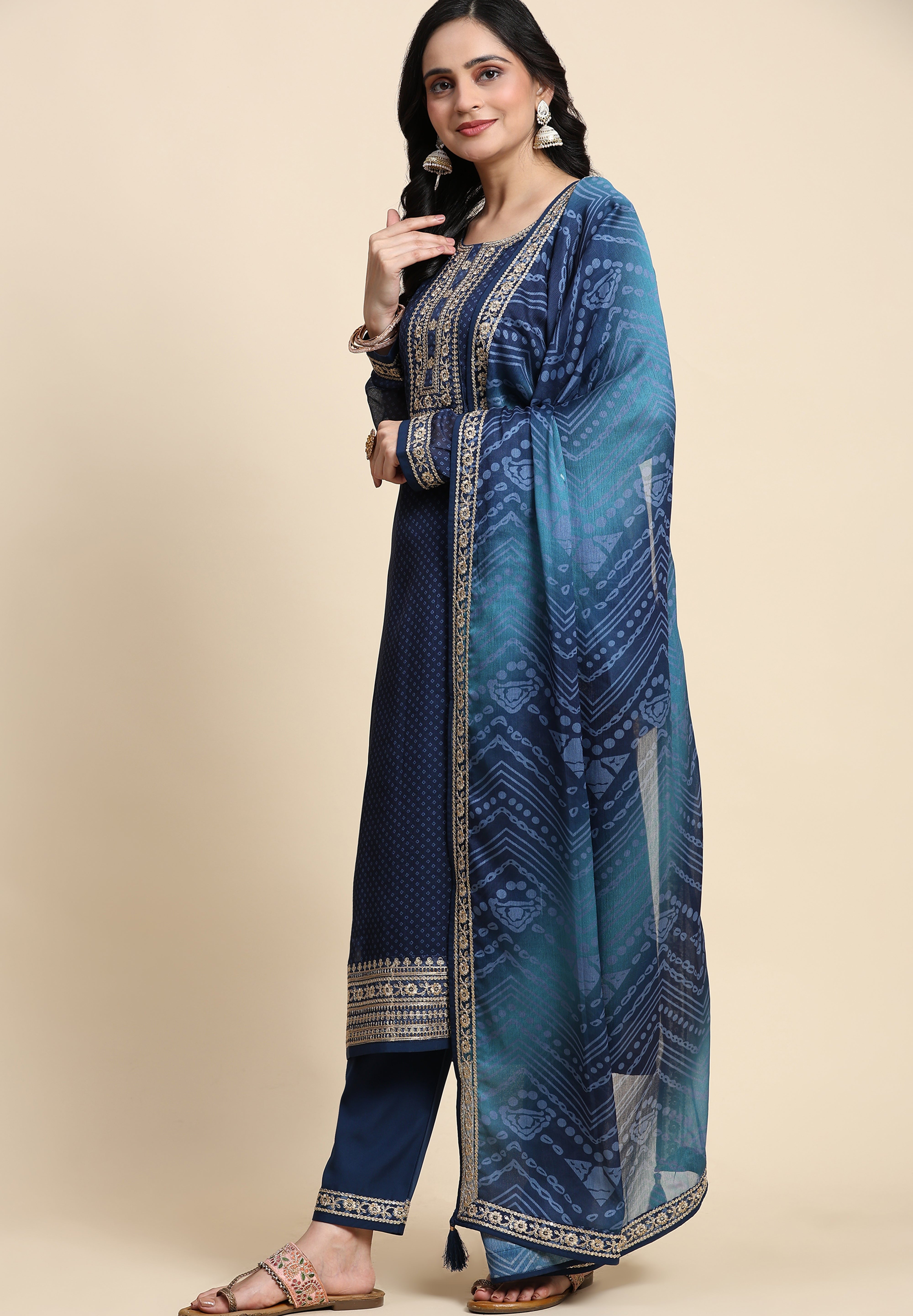 Blue Chiffon Embroidery Bandhani Print Salwar Suit Set with Dupatta For Women's Trendmallsin