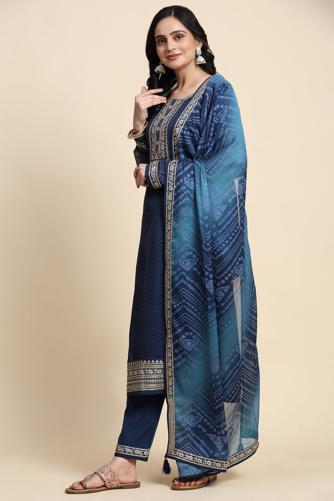 Blue Chiffon Embroidery Bandhani Print Salwar Suit Set with Dupatta For Women's Trendmallsin