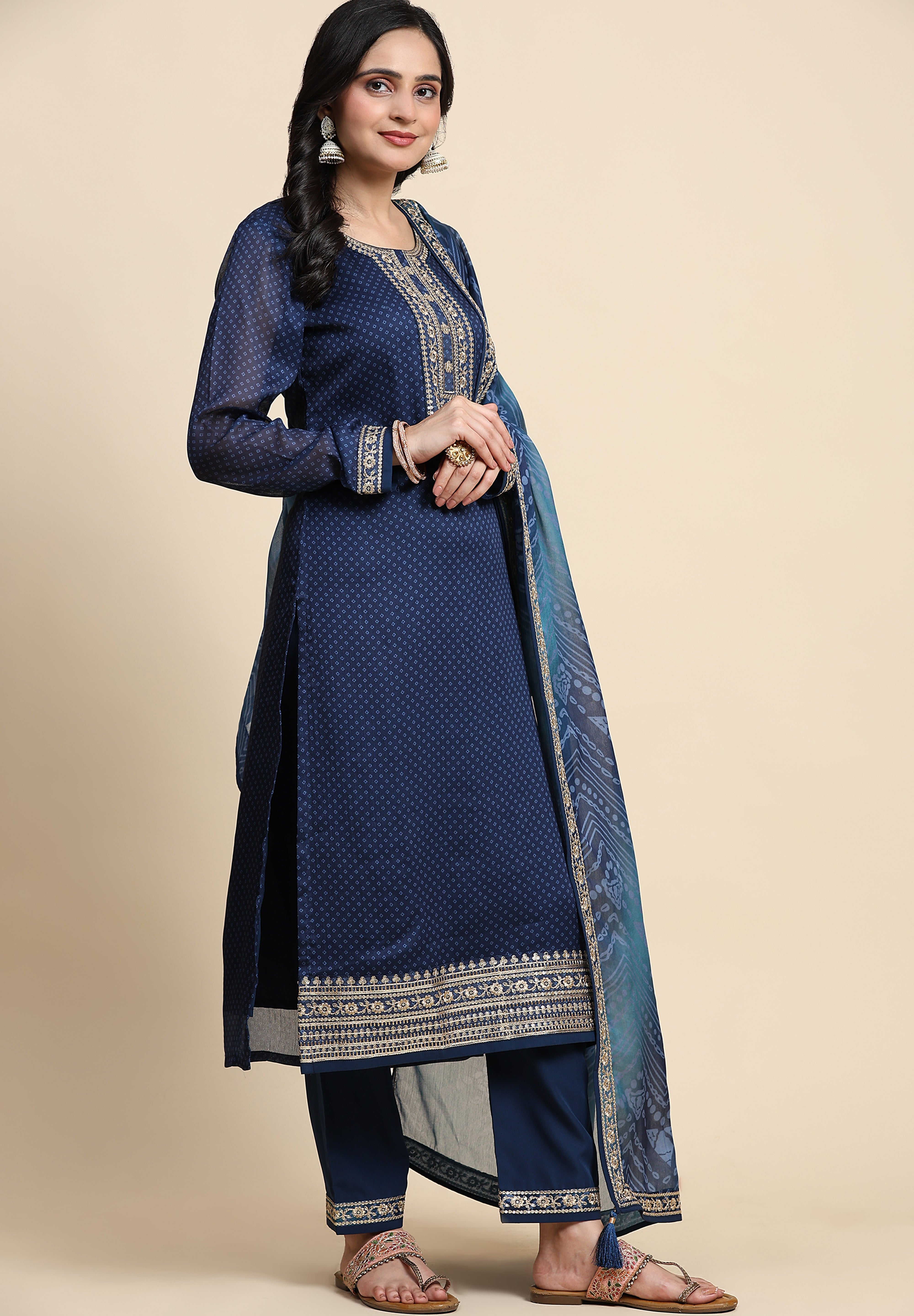 Blue Chiffon Embroidery Bandhani Print Salwar Suit Set with Dupatta For Women's Trendmallsin