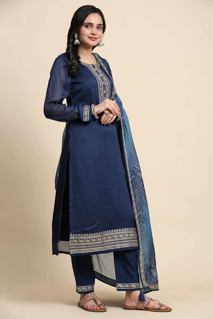 Blue Chiffon Embroidery Bandhani Print Salwar Suit Set with Dupatta For Women's Trendmallsin
