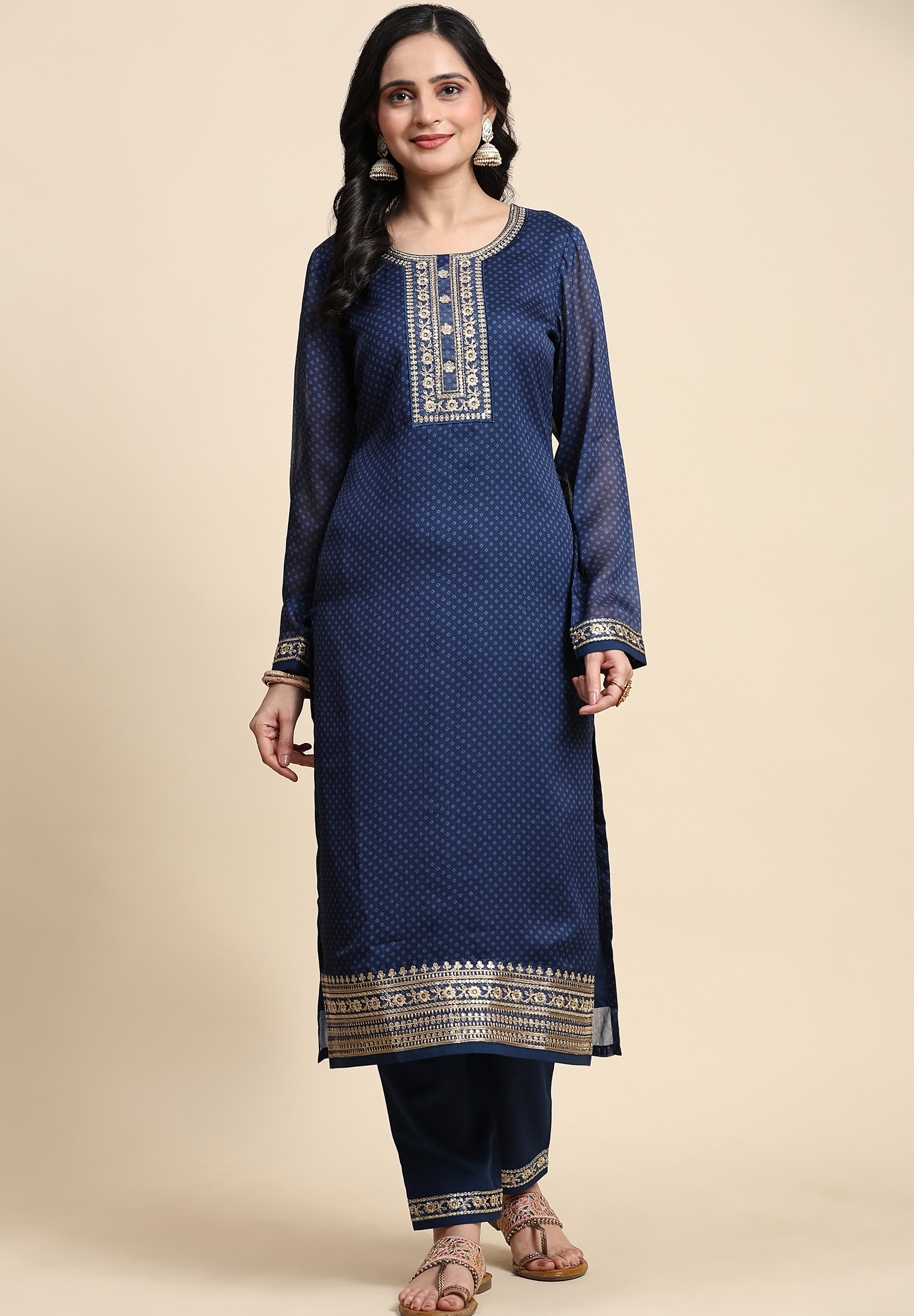Blue Chiffon Embroidery Bandhani Print Salwar Suit Set with Dupatta For Women's Trendmallsin