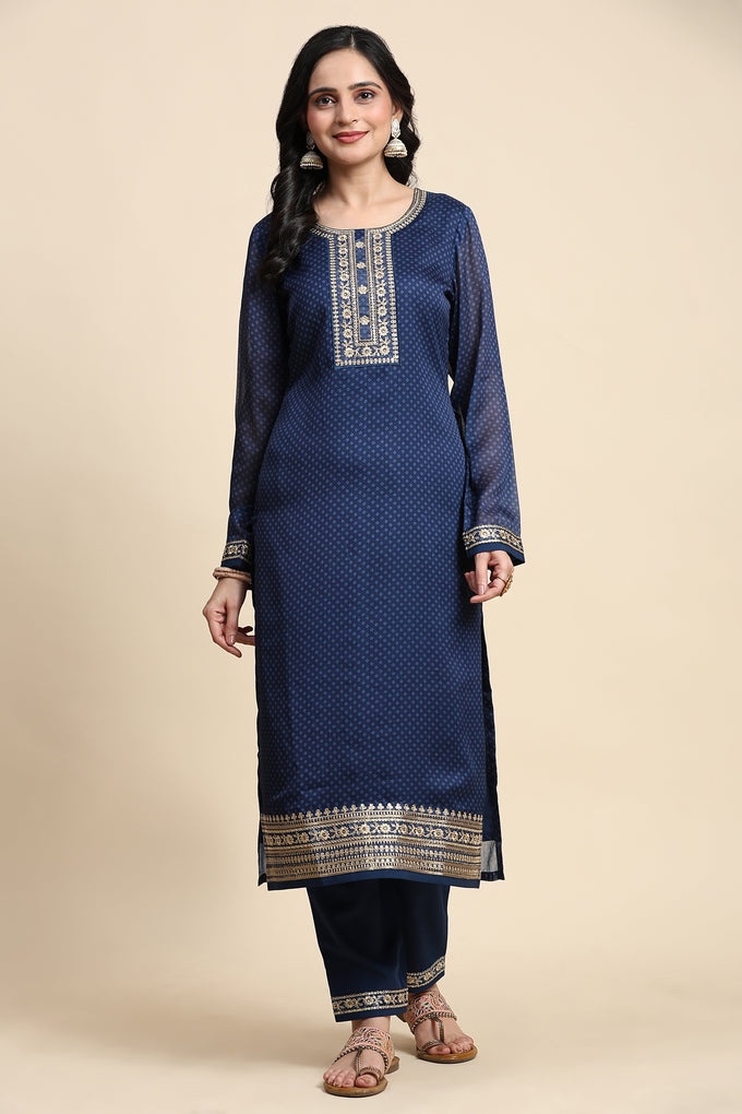 Blue Chiffon Embroidery Bandhani Print Salwar Suit Set with Dupatta For Women's Trendmallsin