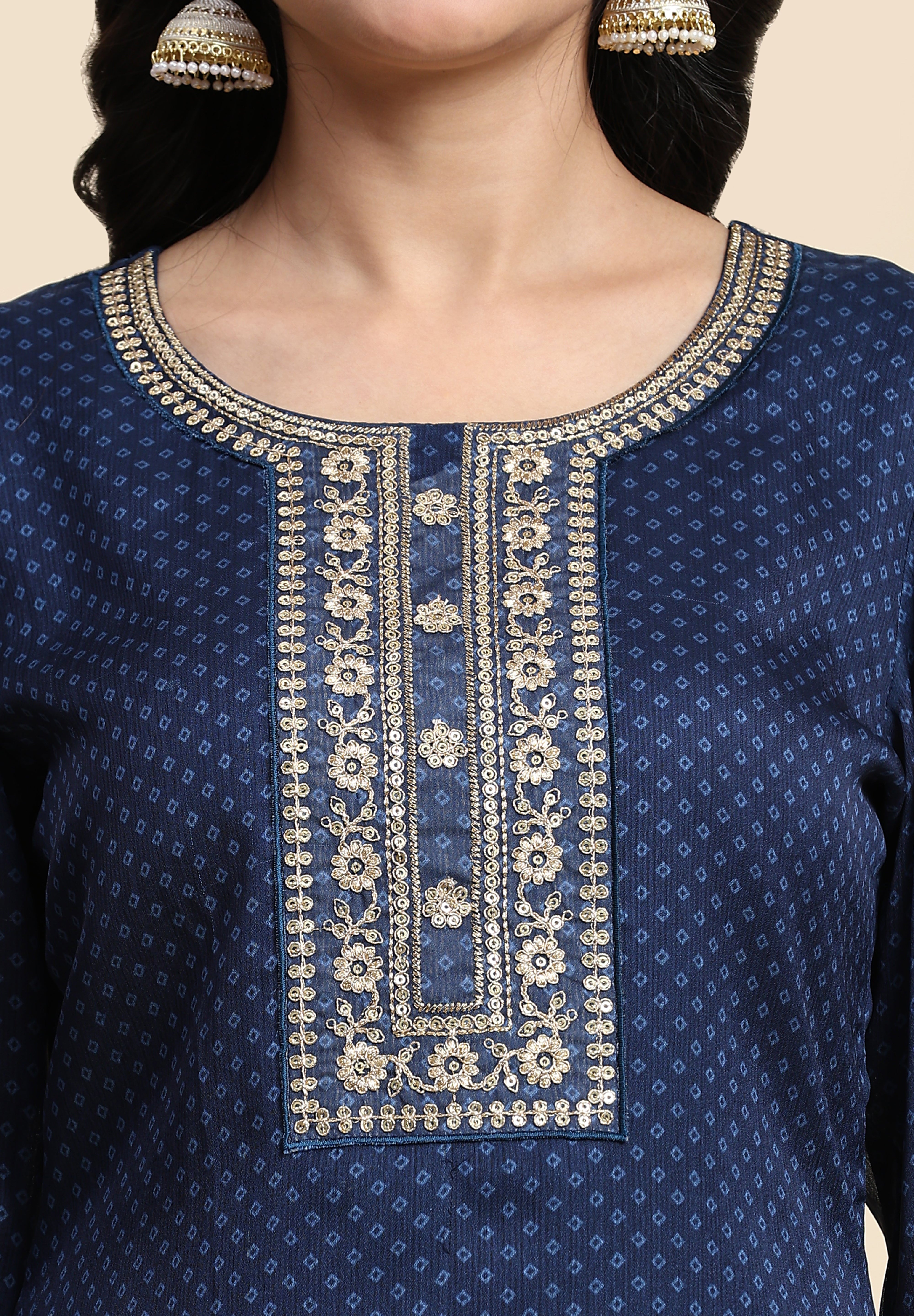 Blue Chiffon Embroidery Bandhani Print Salwar Suit Set with Dupatta For Women's Trendmallsin