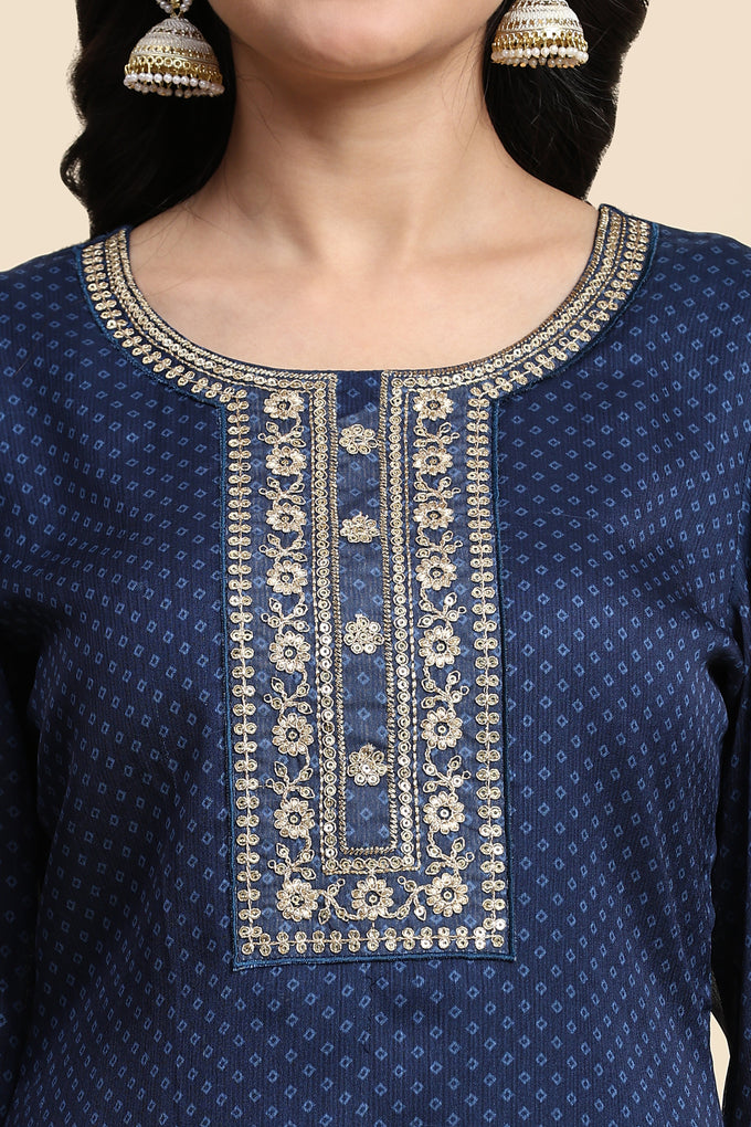 Blue Chiffon Embroidery Bandhani Print Salwar Suit Set with Dupatta For Women's Trendmallsin