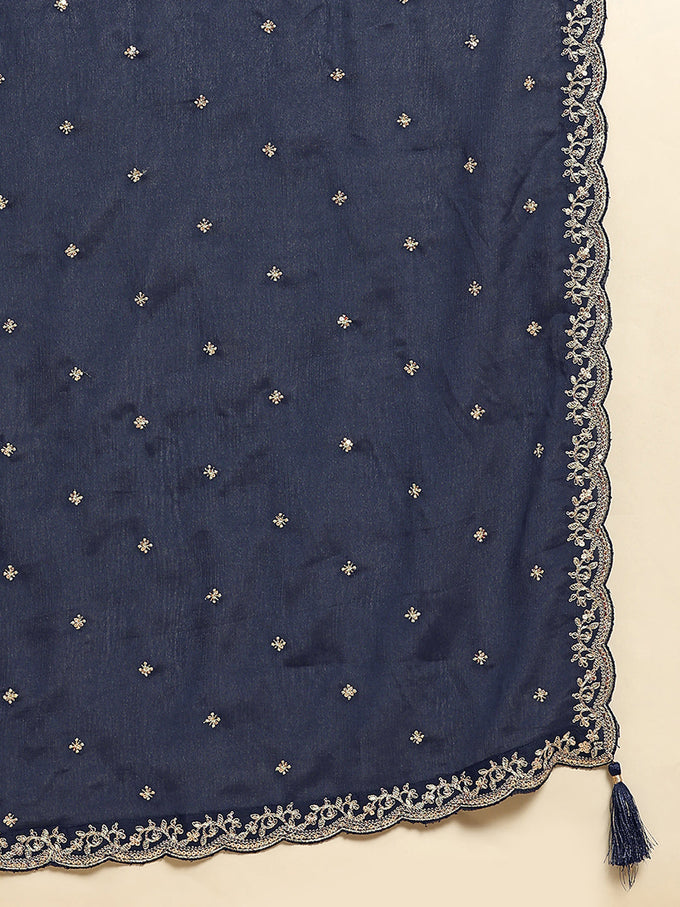 Blue Silk Blend Embroidery Alia Cut Salwar Suit Set with Dupatta For Women's Trendmalls